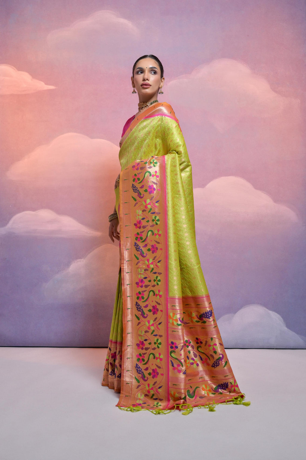 Jyoti Fashion Women's Parrot Green Paithani Silk Zari Woven Saree with Blouse