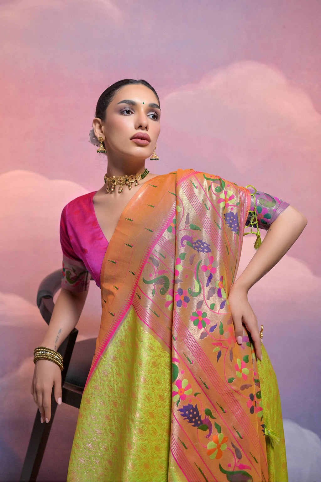 Jyoti Fashion Women's Parrot Green Paithani Silk Zari Woven Saree with Blouse