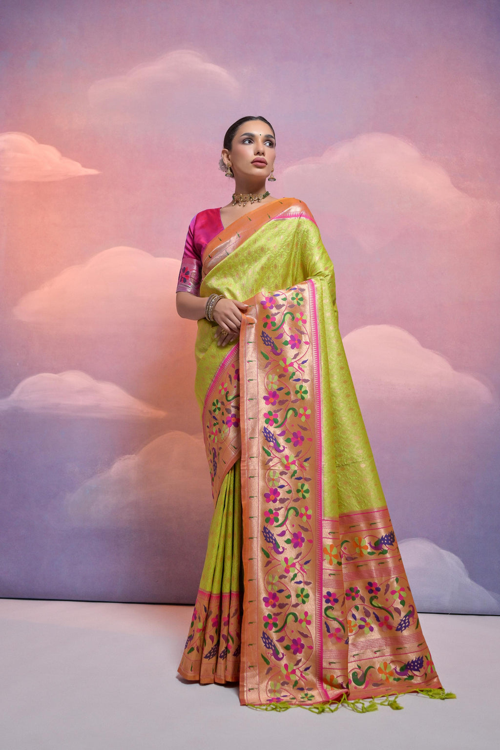 Jyoti Fashion Women's Parrot Green Paithani Silk Zari Woven Saree with Blouse