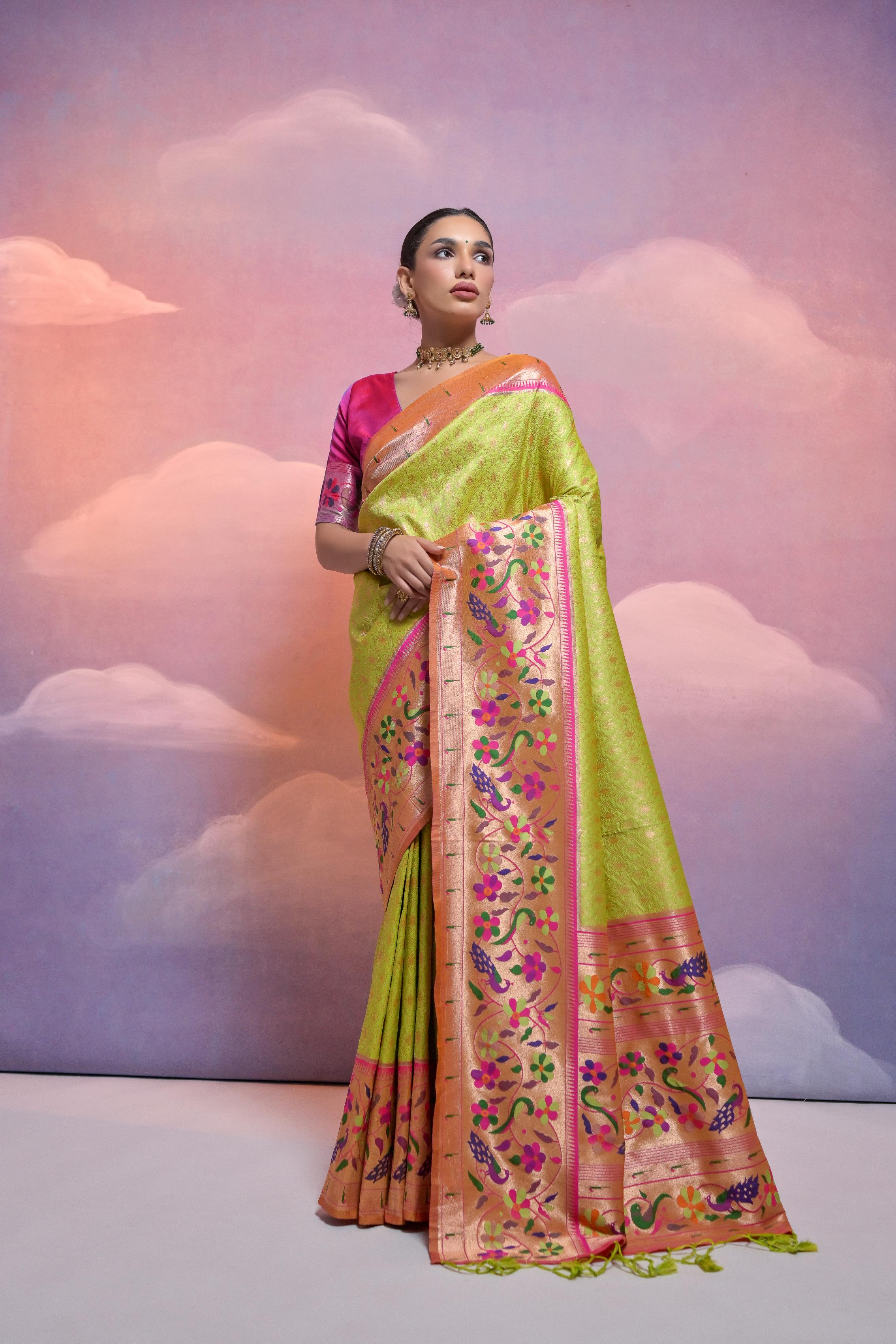 Jyoti Fashion Women's Parrot Green Paithani Silk Zari Woven Saree with Blouse