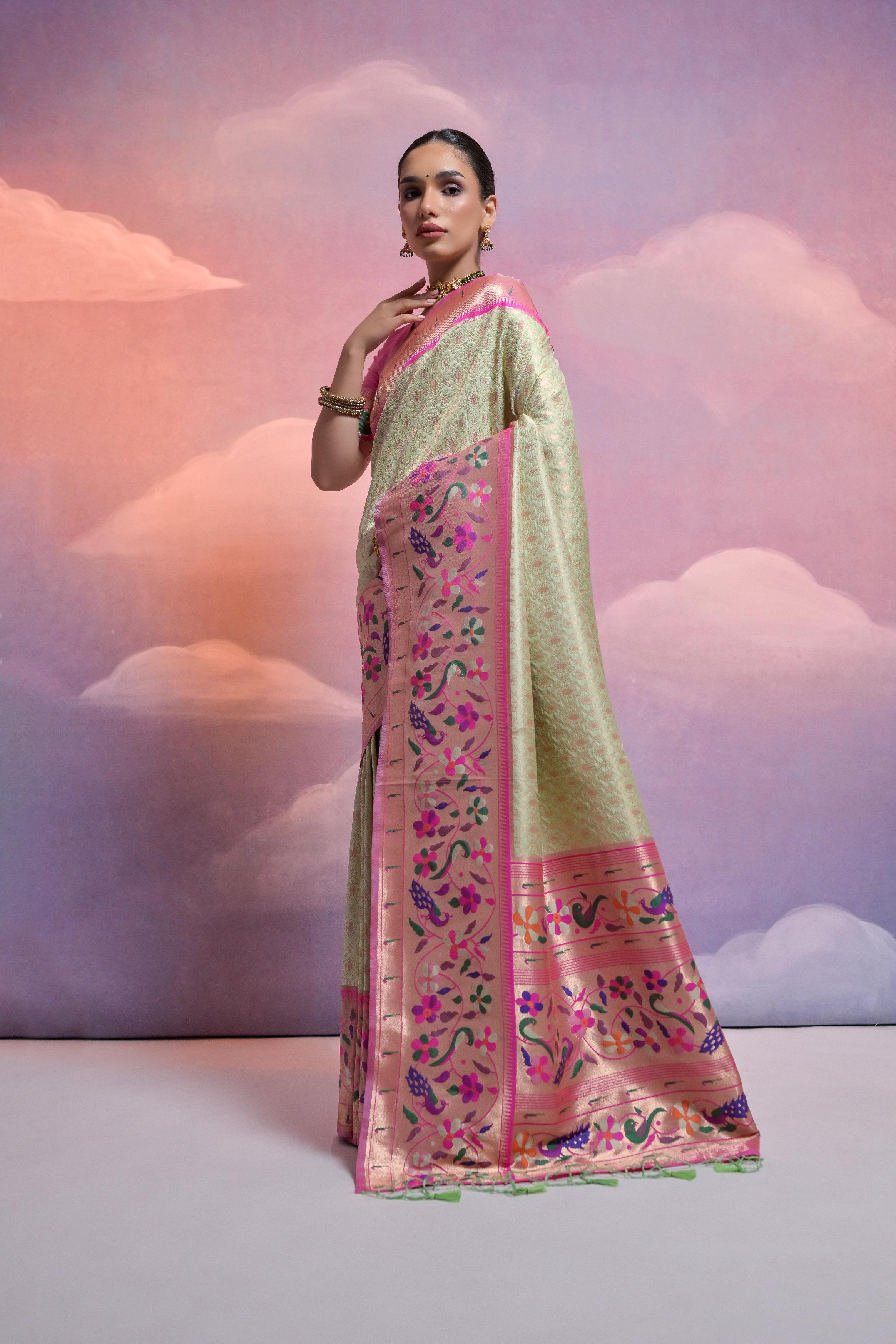 Jyoti Fashion Women's Pista Green Paithani Silk Zari Woven Saree with Blouse