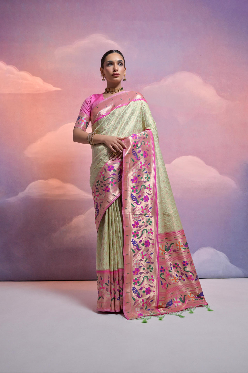 Jyoti Fashion Women's Pista Green Paithani Silk Zari Woven Saree with Blouse