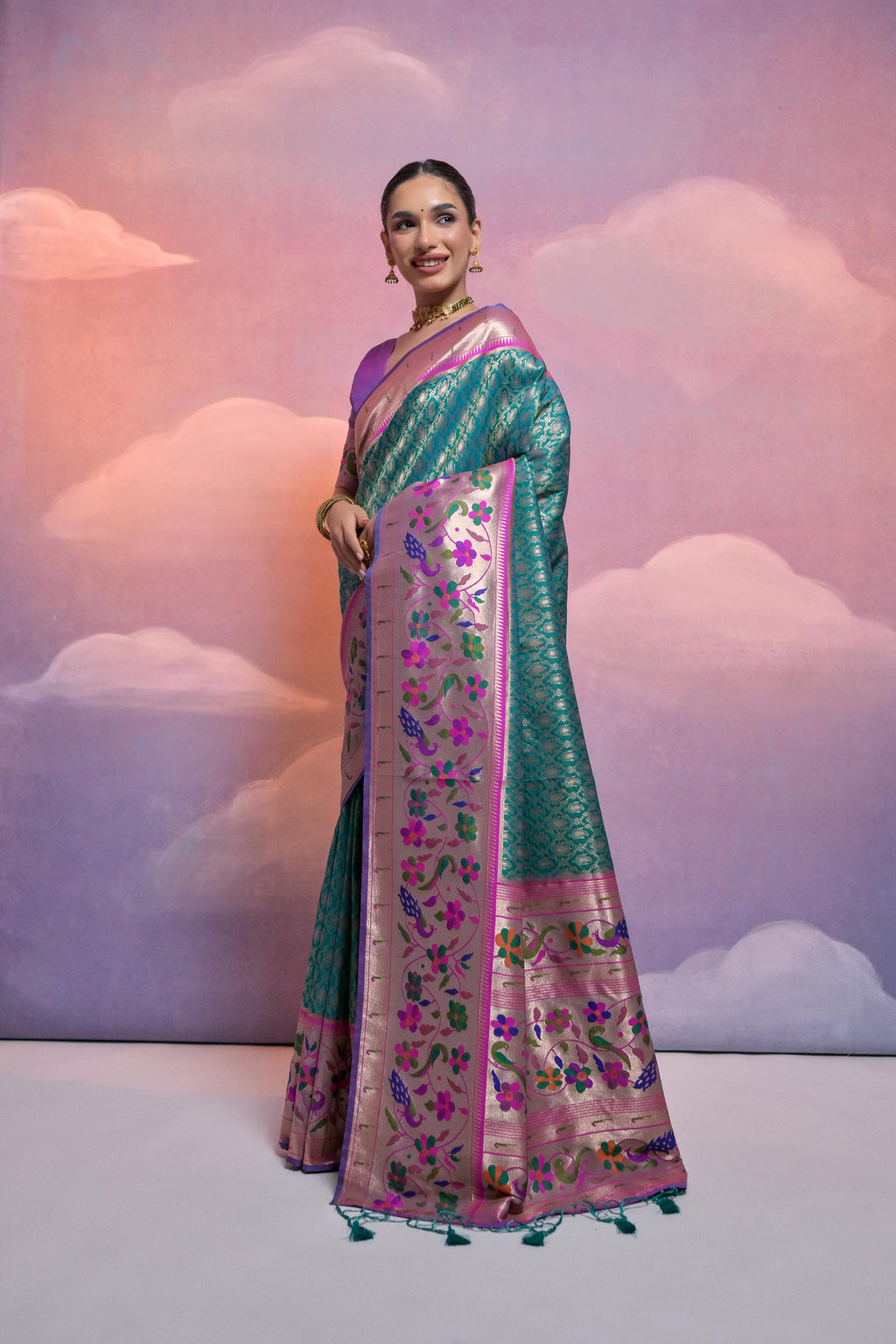 Jyoti Fashion Women's Rama Paithani Silk Zari Woven Saree with Blouse