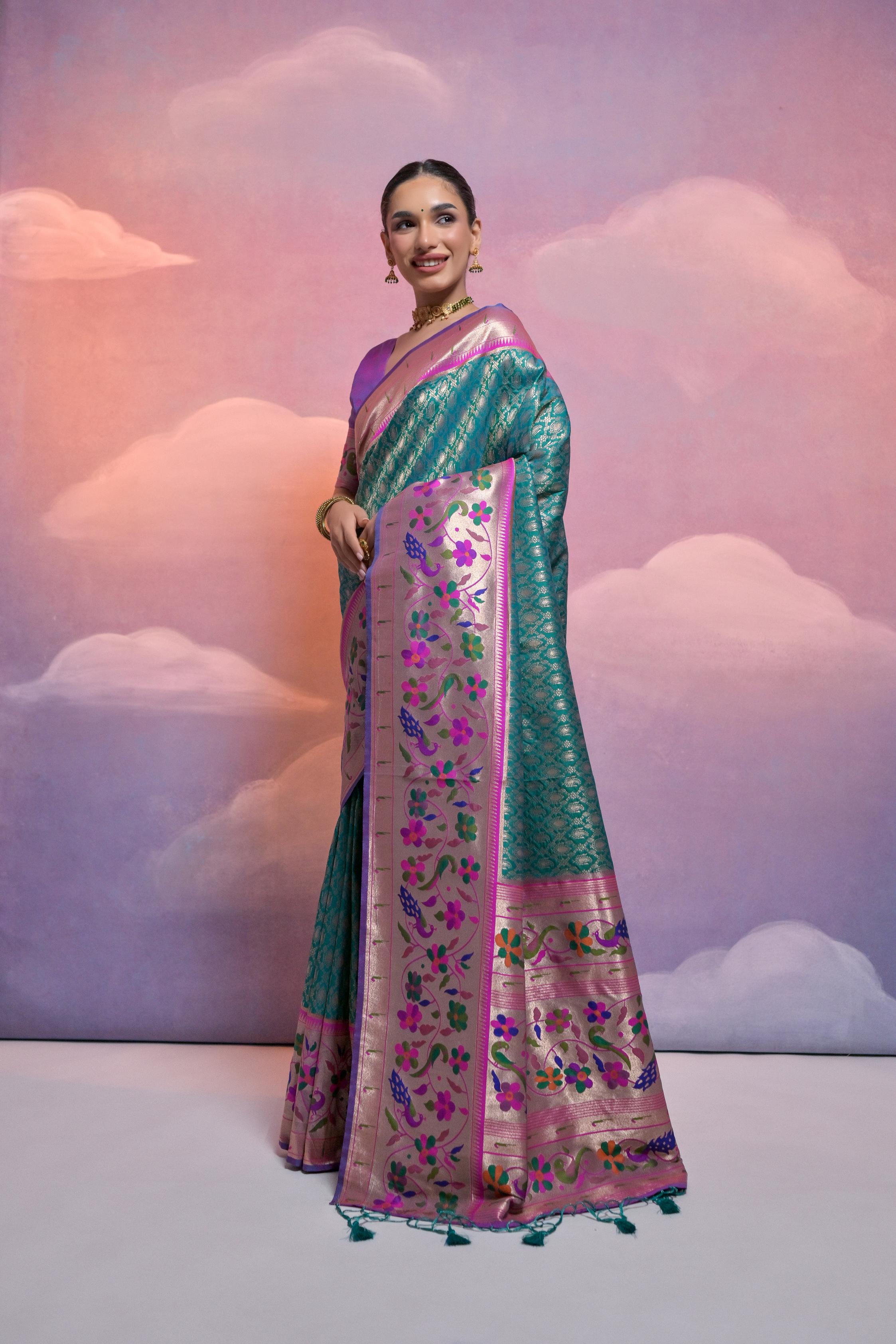 Jyoti Fashion Women's Rama Paithani Silk Zari Woven Saree with Blouse
