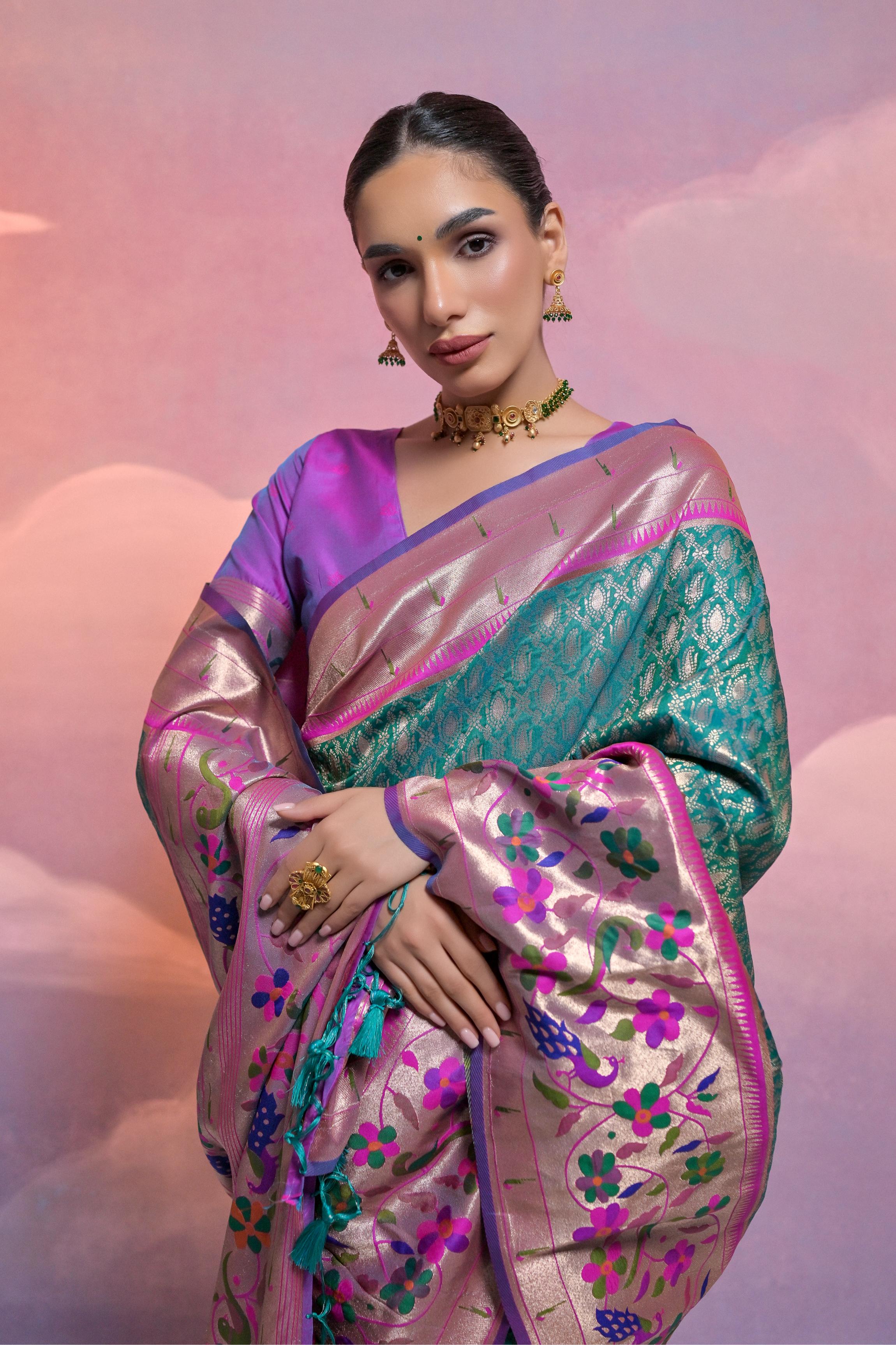 Jyoti Fashion Women's Rama Paithani Silk Zari Woven Saree with Blouse