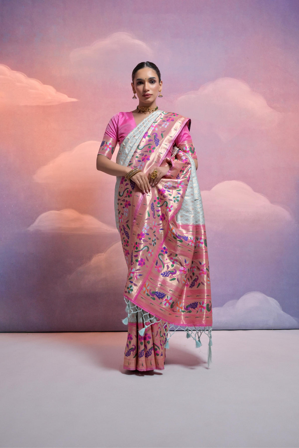 Jyoti Fashion Women's Sea Green Paithani Silk Zari Woven Saree with Blouse