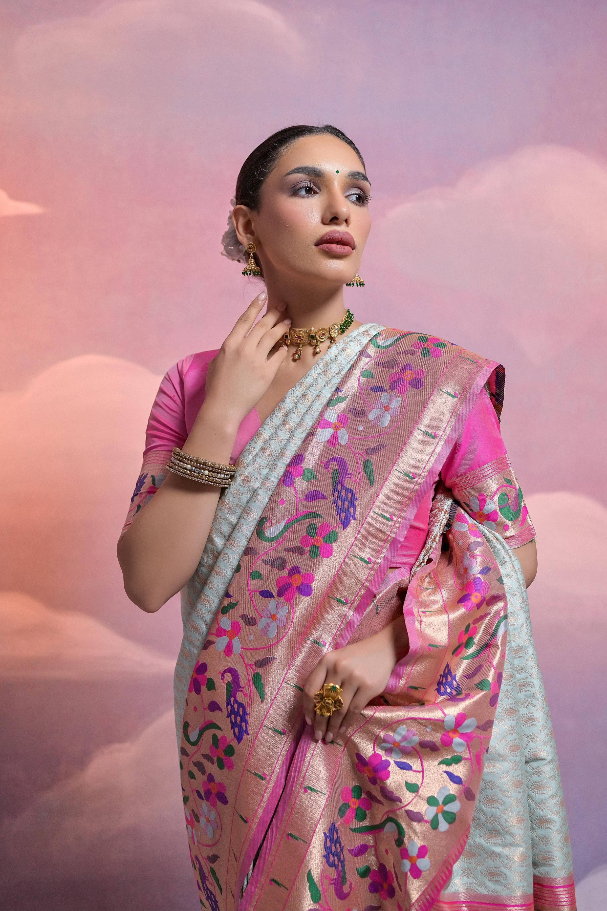 Jyoti Fashion Women's Sea Green Paithani Silk Zari Woven Saree with Blouse