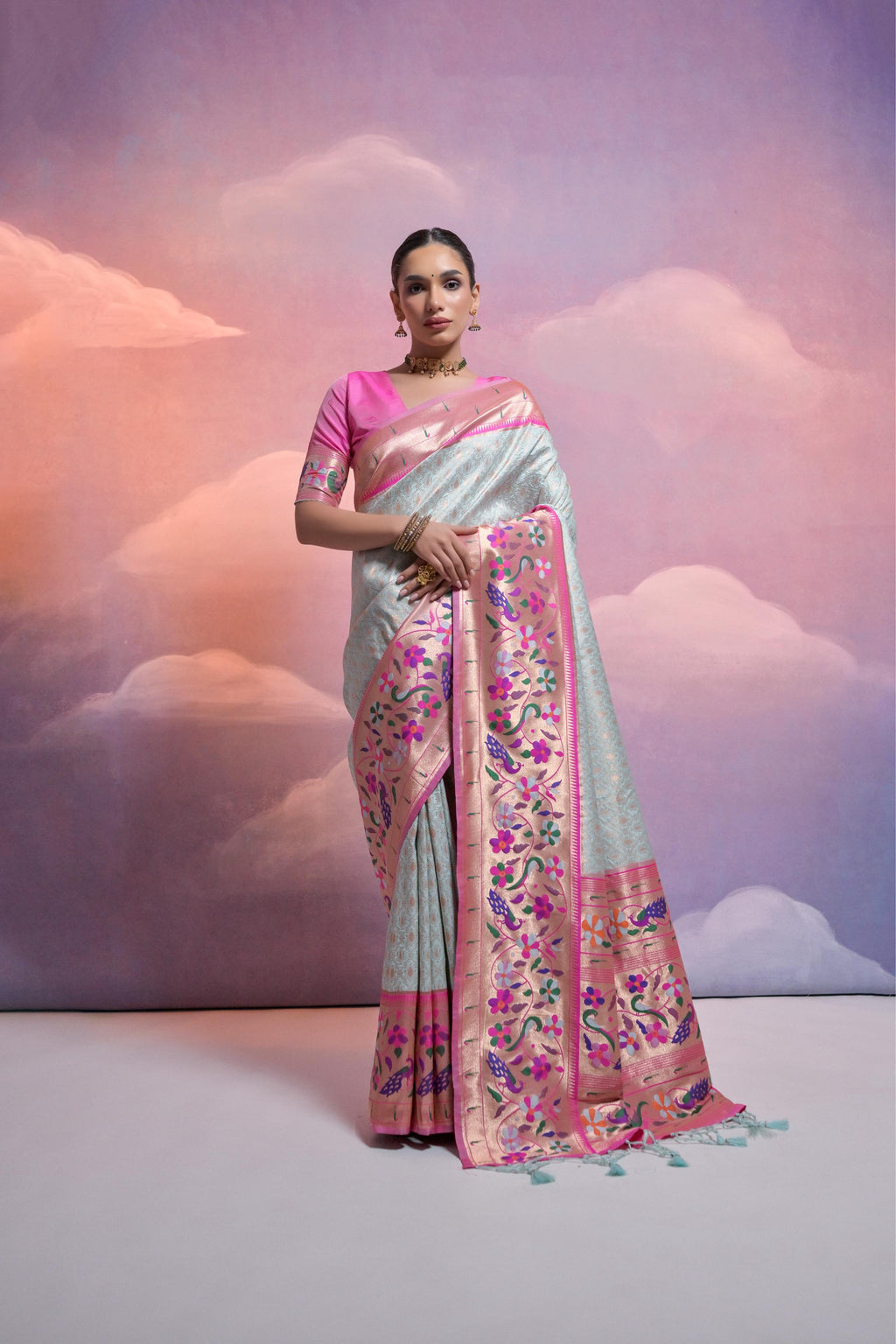 Jyoti Fashion Women's Sea Green Paithani Silk Zari Woven Saree with Blouse