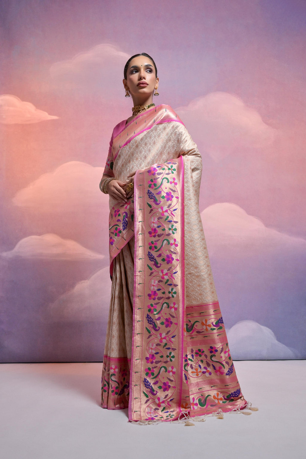 Jyoti Fashion Women's Off White Paithani Silk Zari Woven Saree with Blouse
