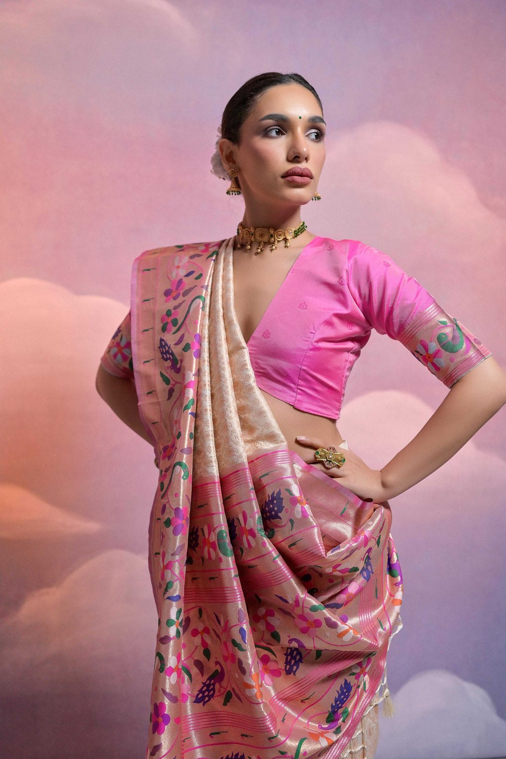 Jyoti Fashion Women's Off White Paithani Silk Zari Woven Saree with Blouse