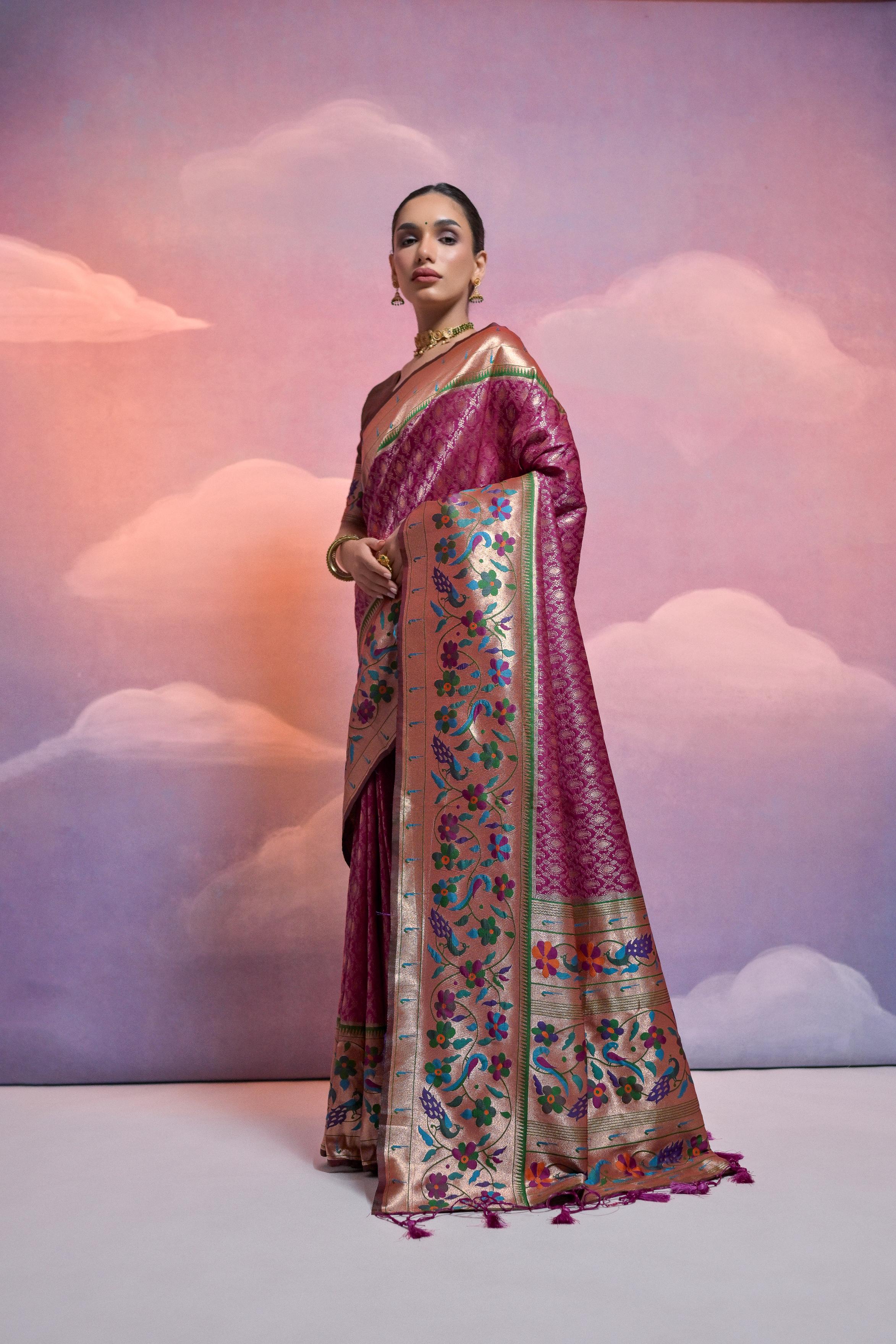 Jyoti Fashion Women's Wine Paithani Silk Zari Woven Saree with Blouse