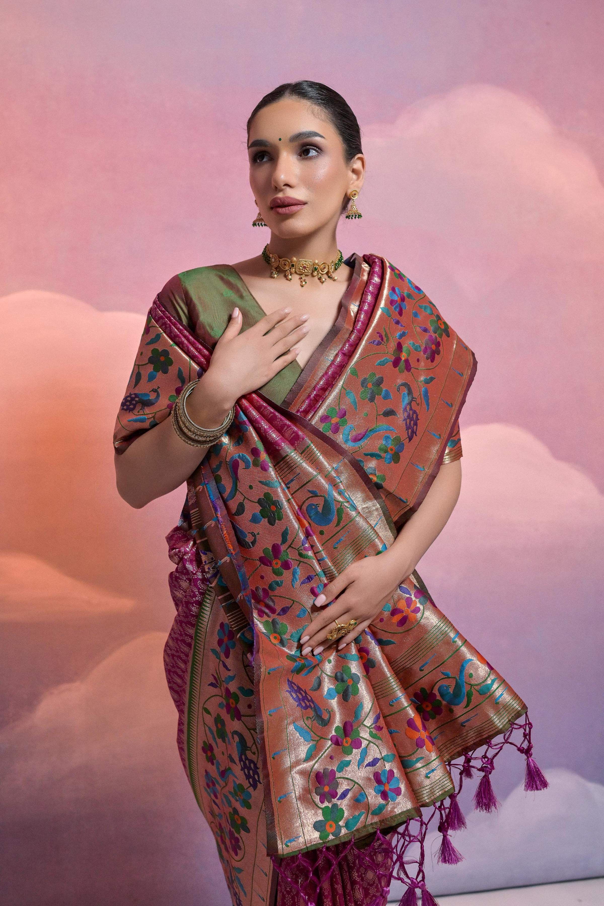 Jyoti Fashion Women's Wine Paithani Silk Zari Woven Saree with Blouse