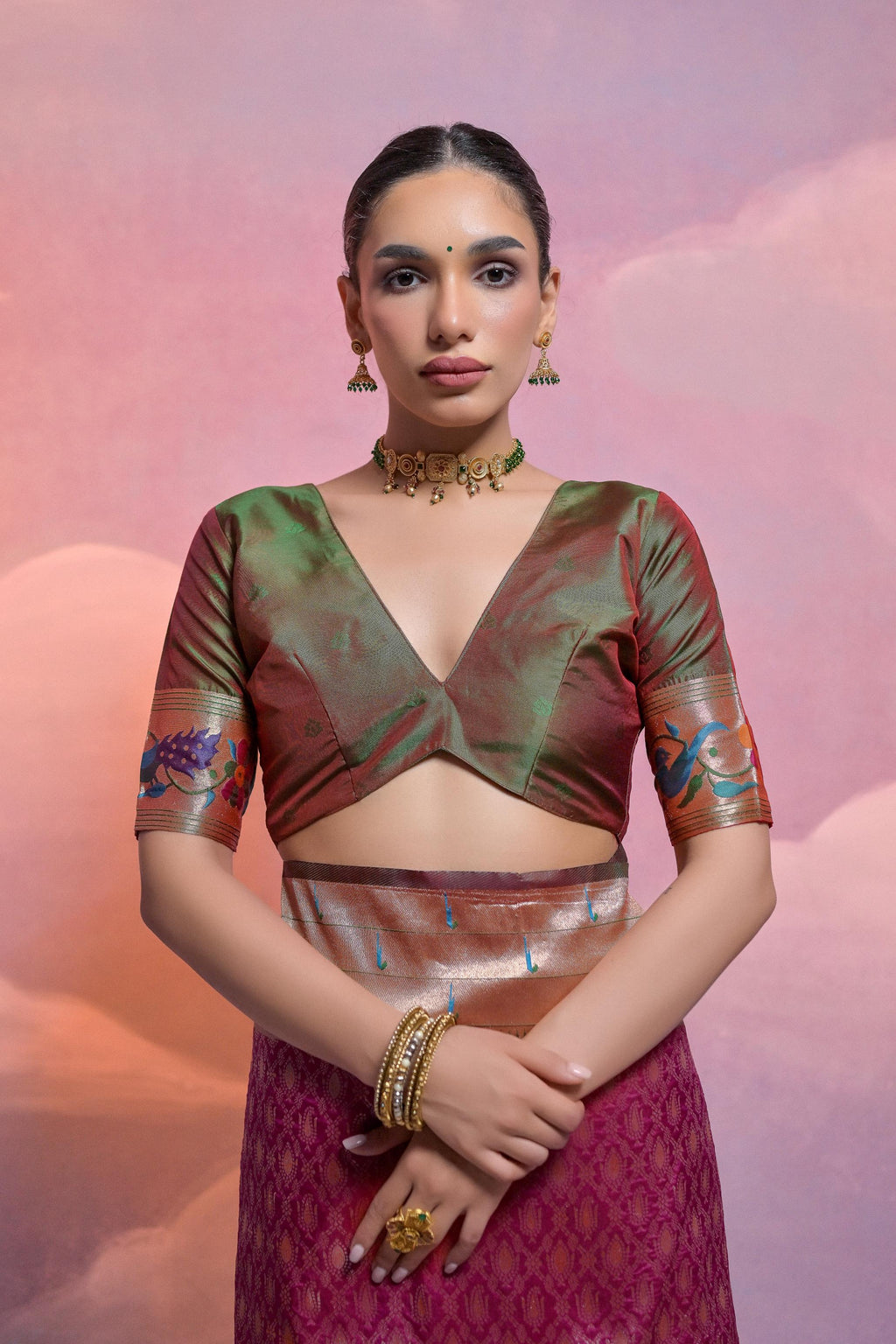 Jyoti Fashion Women's Wine Paithani Silk Zari Woven Saree with Blouse