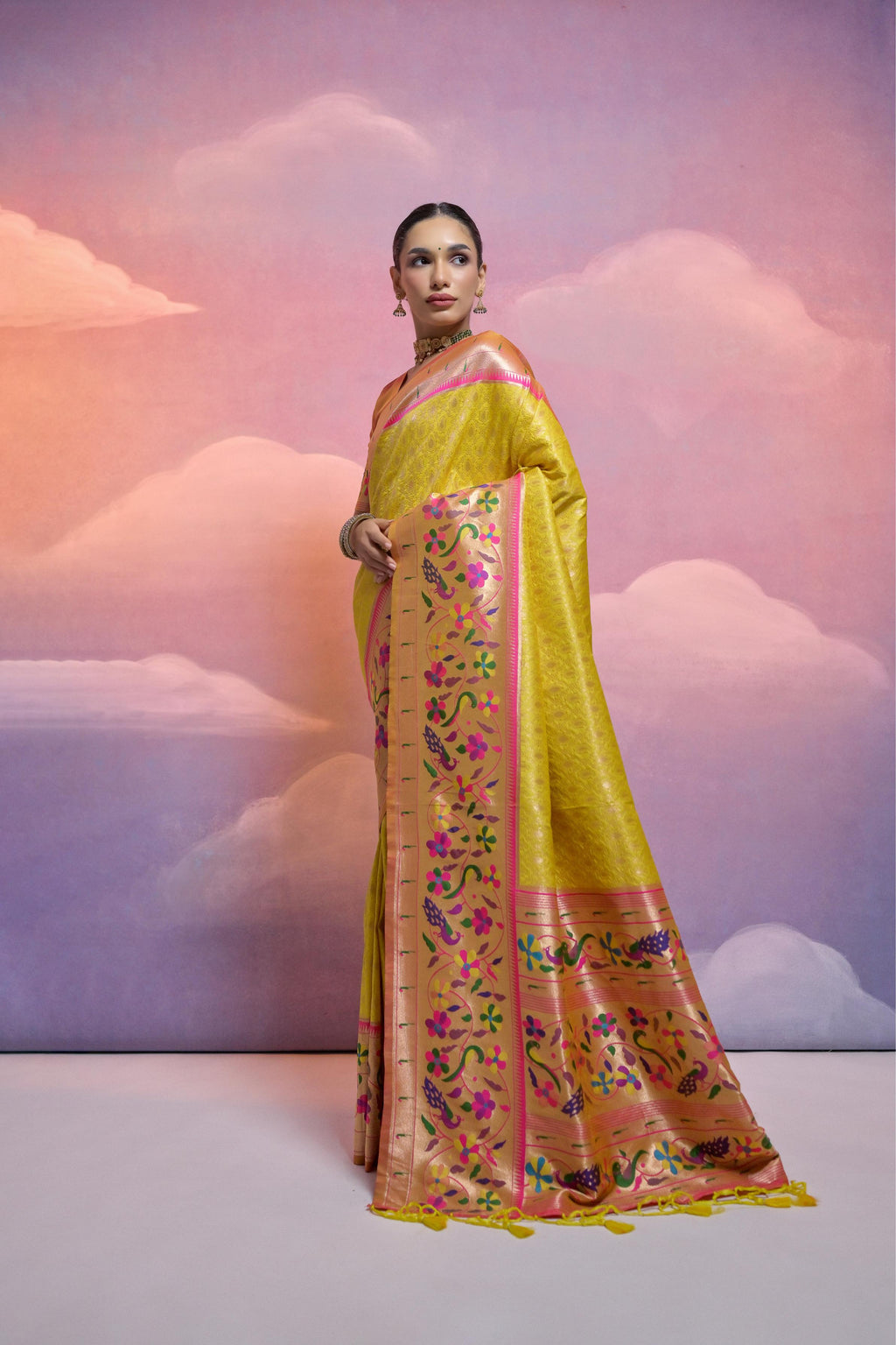 Jyoti Fashion Women's Yellow Paithani Silk Zari Woven Saree with Blouse