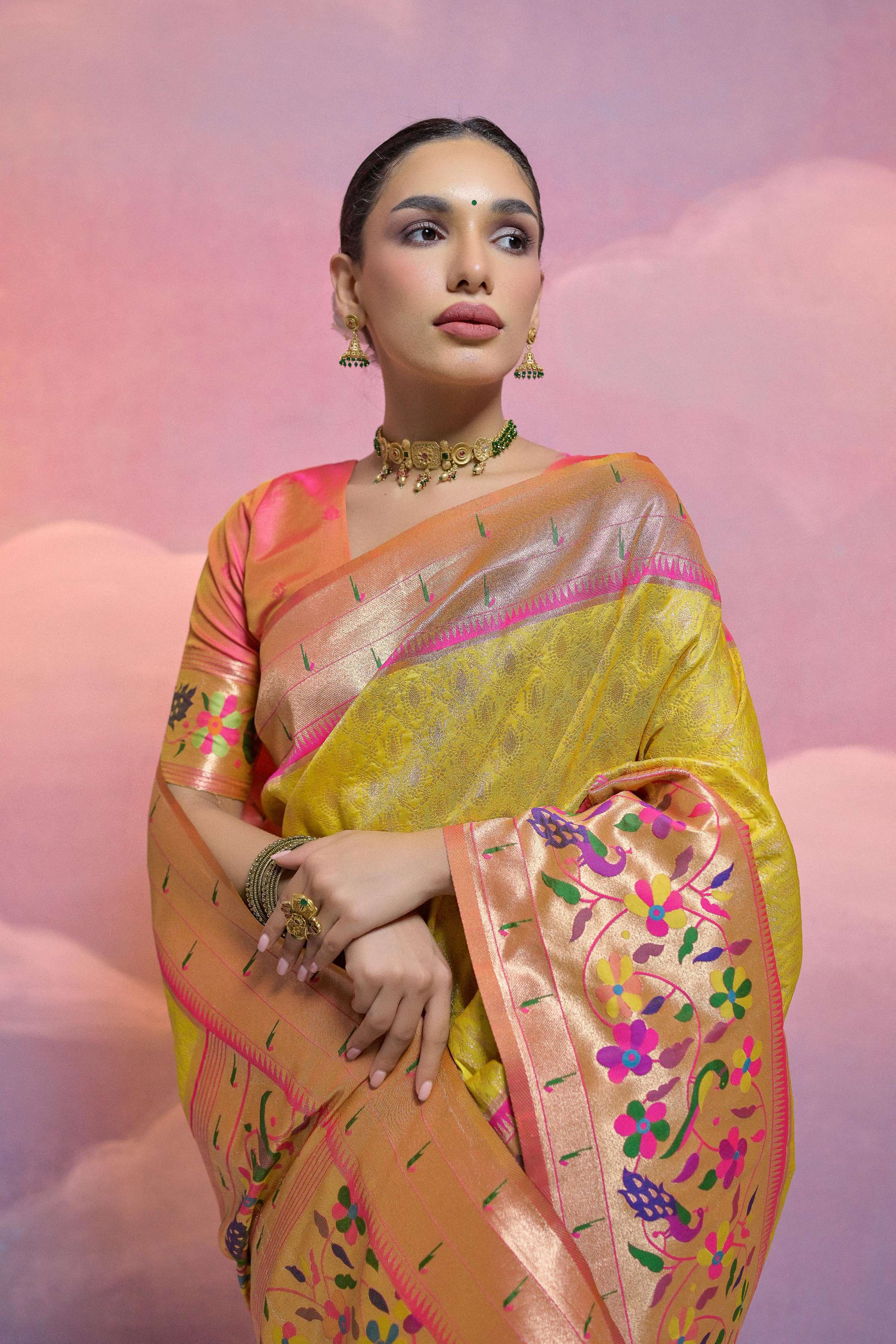Jyoti Fashion Women's Yellow Paithani Silk Zari Woven Saree with Blouse