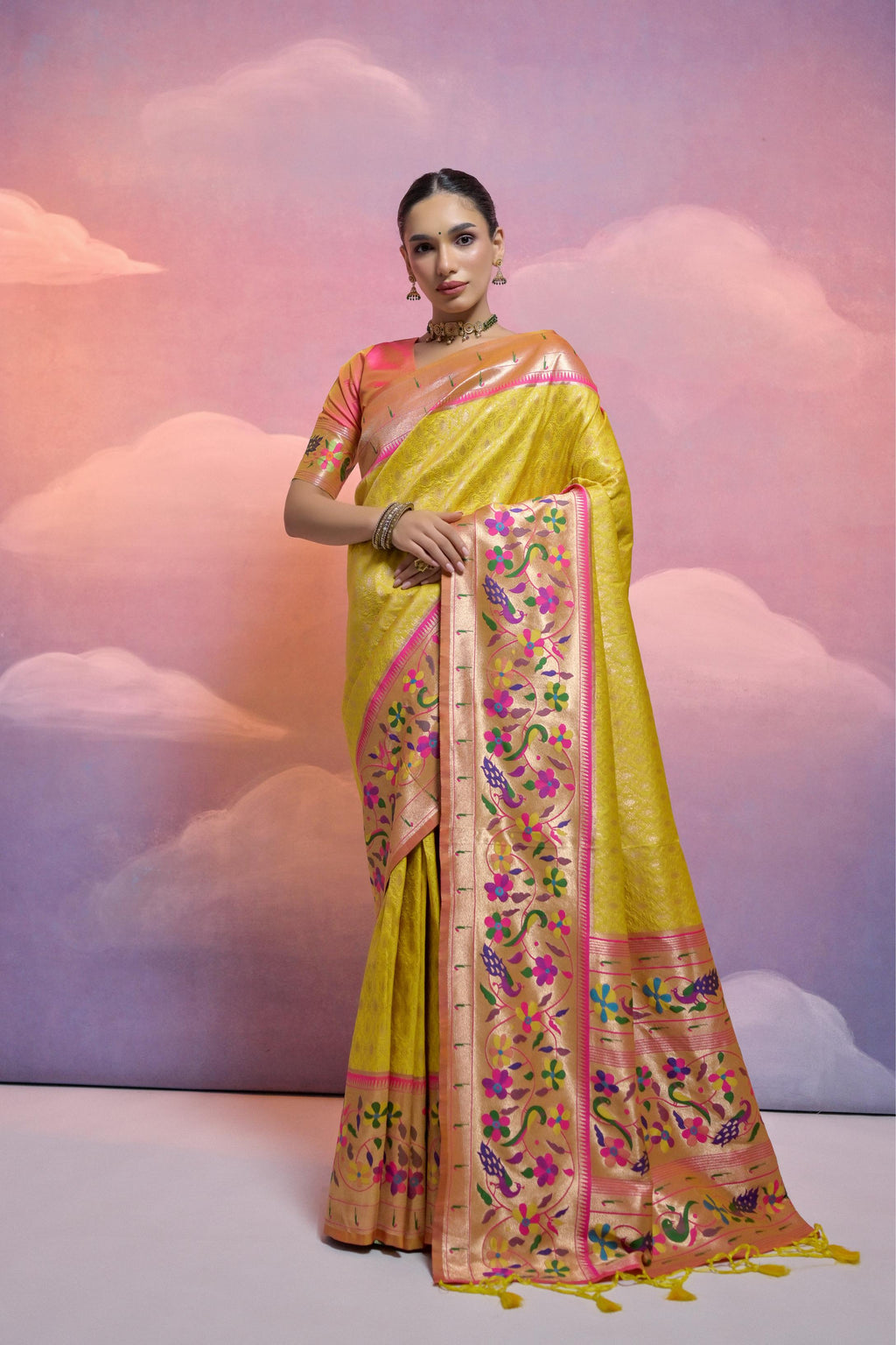 Jyoti Fashion Women's Yellow Paithani Silk Zari Woven Saree with Blouse