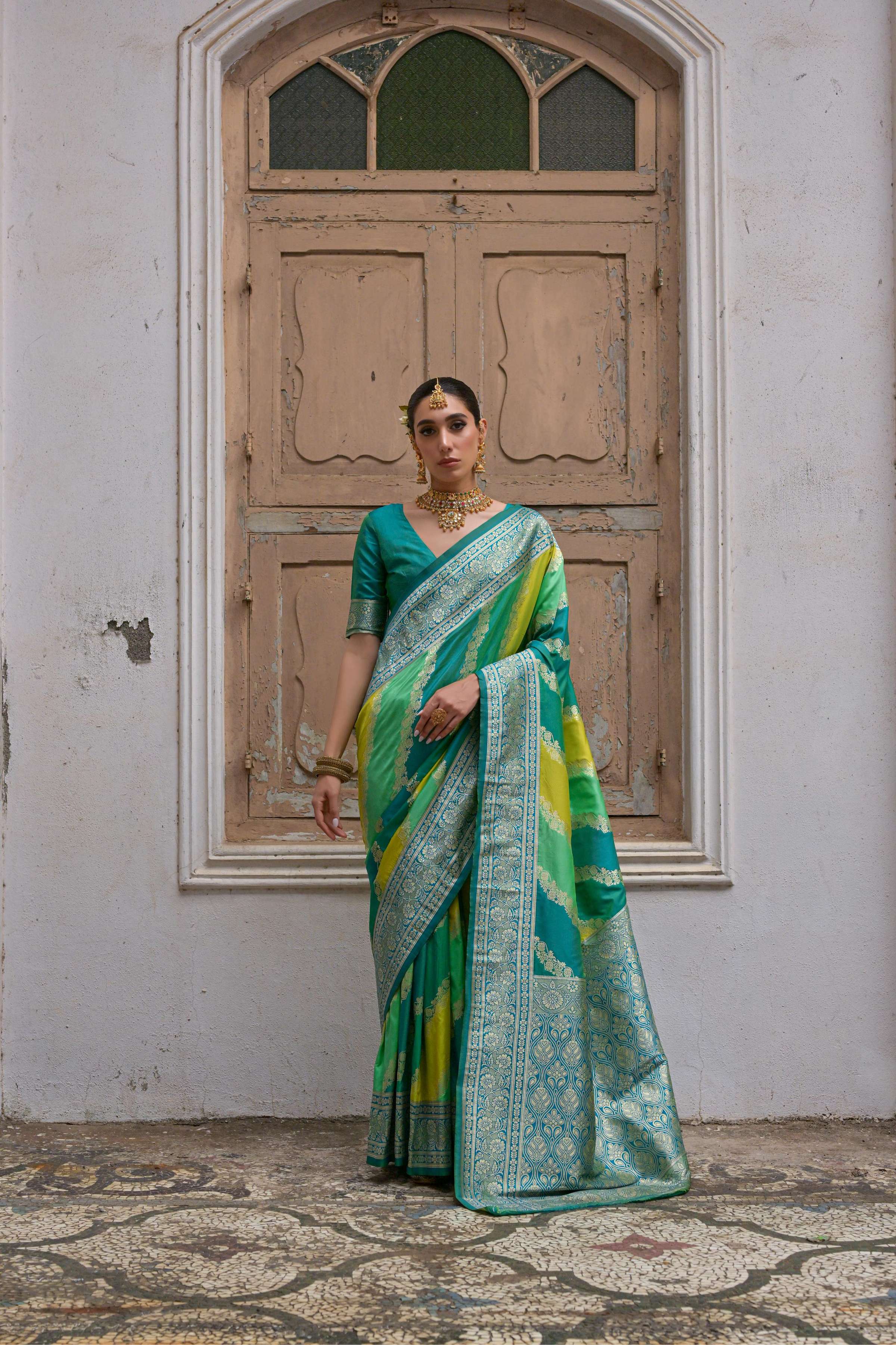 Jyoti Fashion Women's Multicolor Banarasi Silk Zari Woven Saree with Blouse