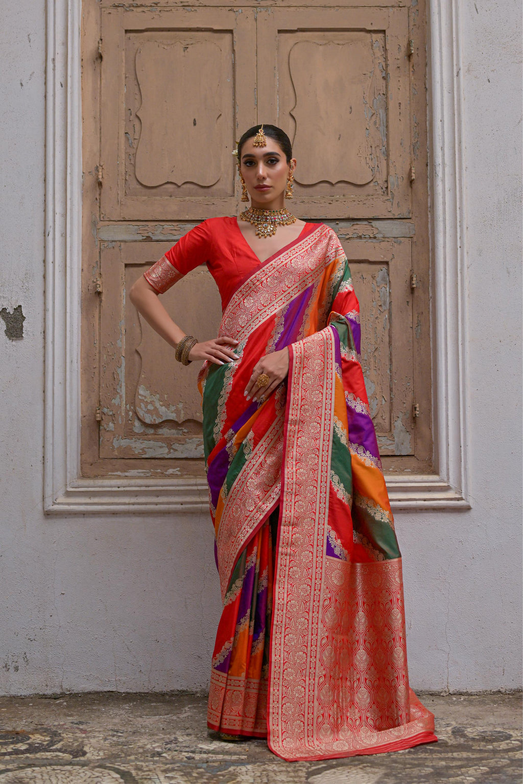 Jyoti Fashion Women's Multicolor Banarasi Silk Zari Woven Saree with Blouse