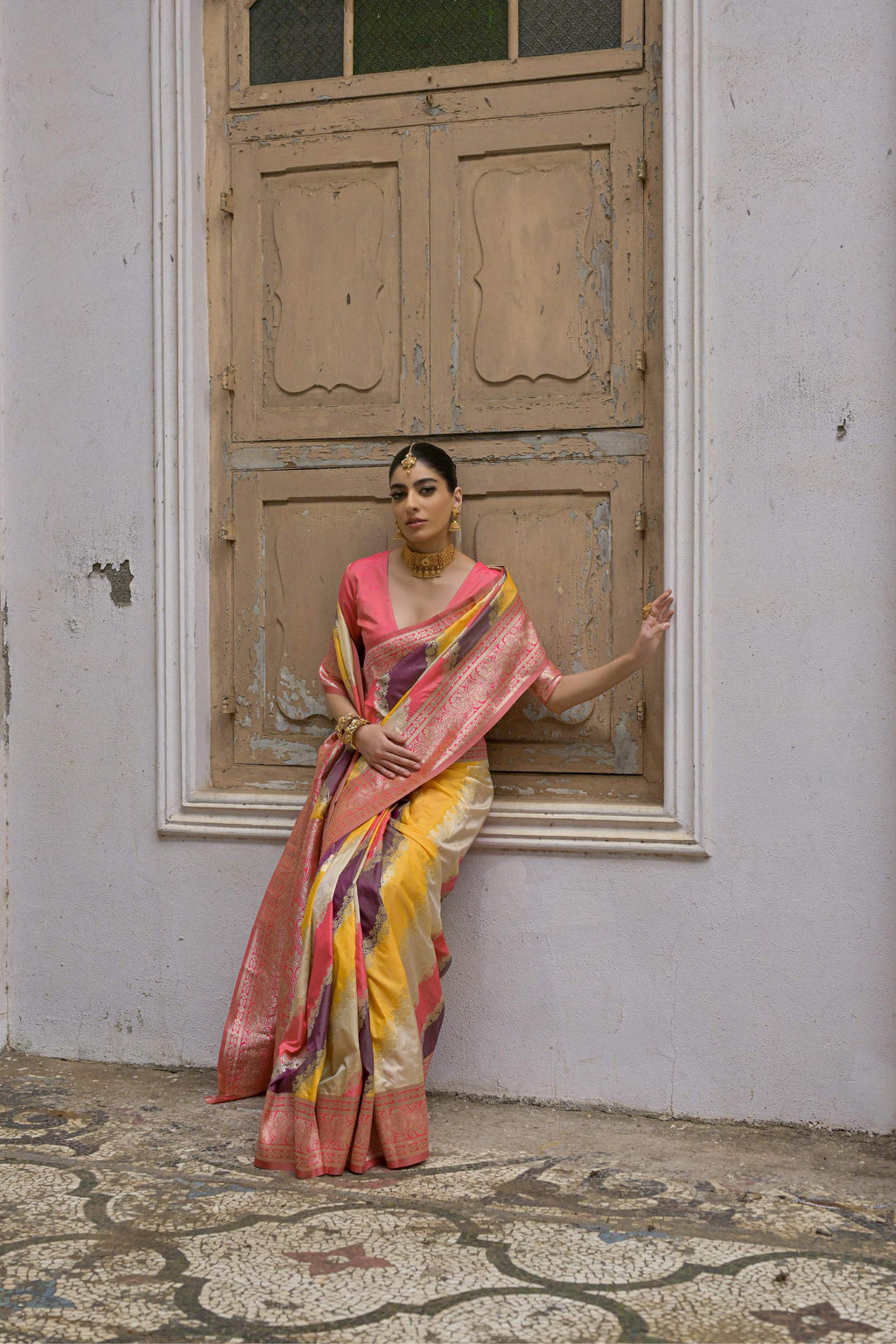 Jyoti Fashion Women's Multicolor Banarasi Silk Zari Woven Saree with Blouse