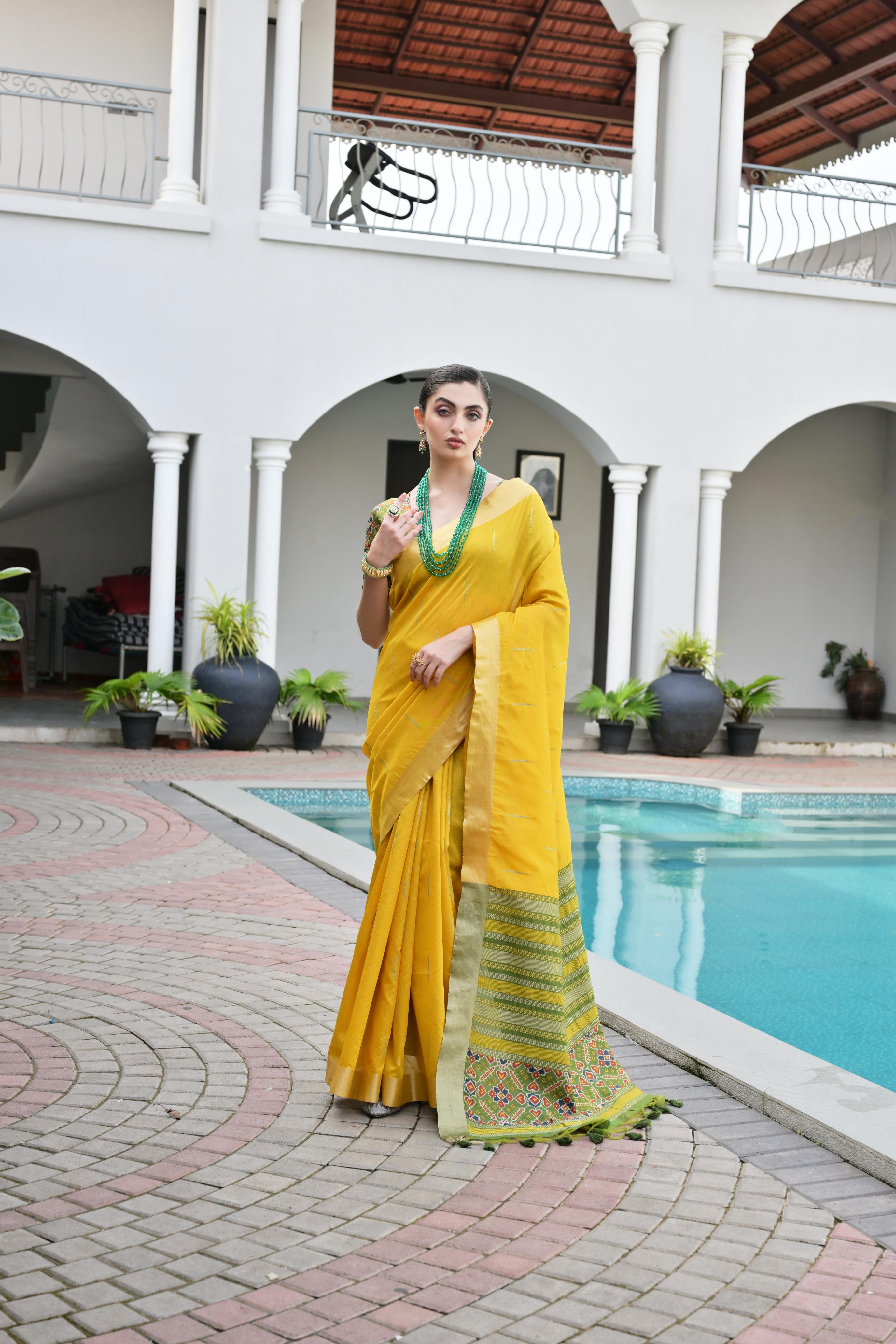 Jyoti Fashion Women's Yellow Khadi Raw Silk Meena Weaving Patola Saree with Blouse