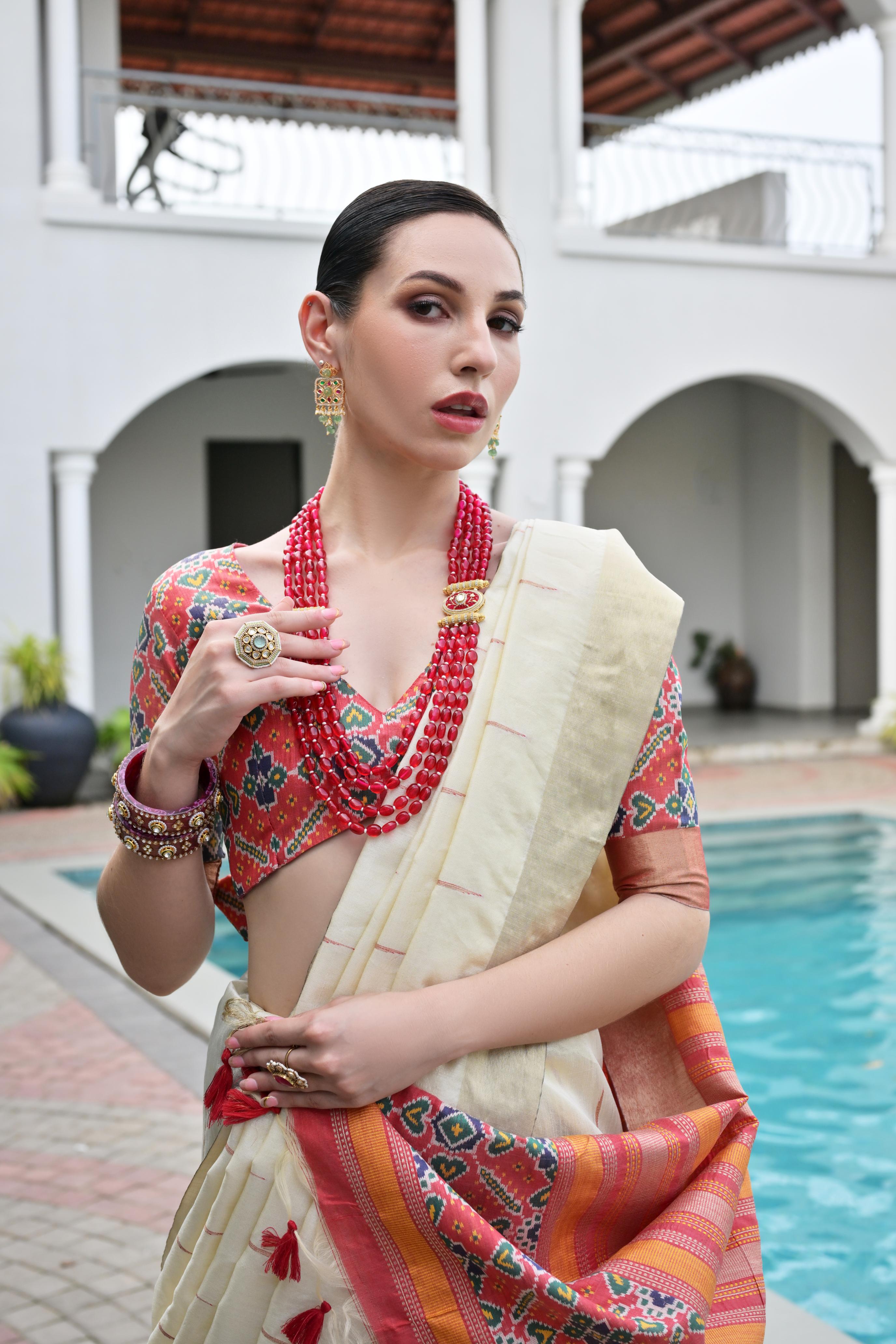 Jyoti Fashion Women's Off White Khadi Raw Silk Meena Weaving Patola Saree with Blouse