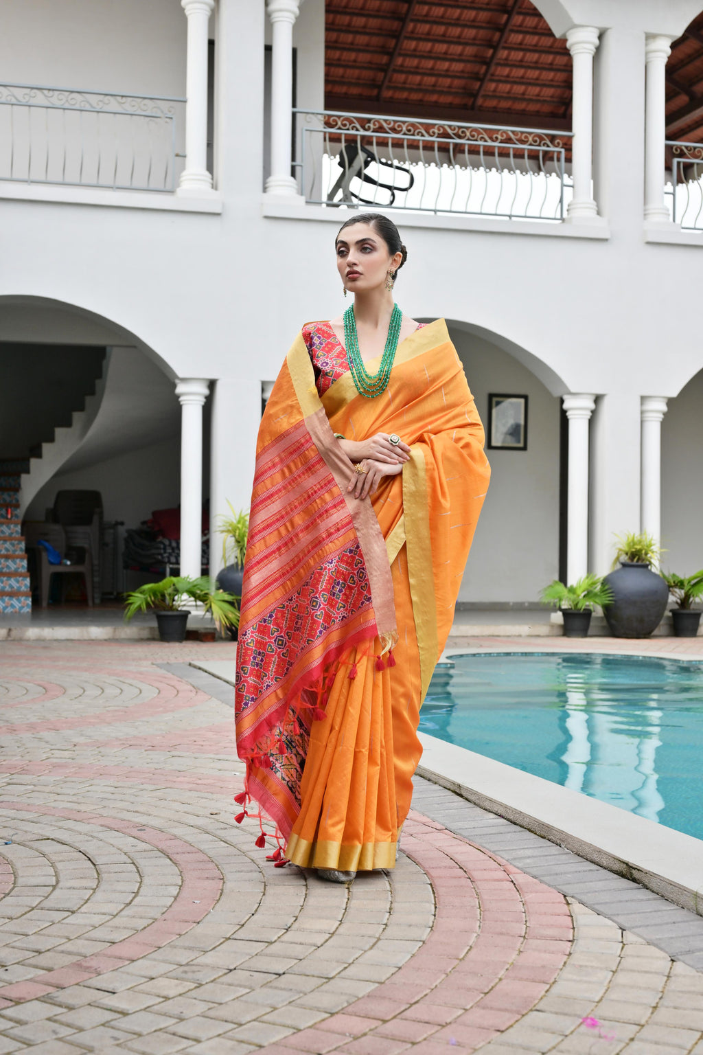 Jyoti Fashion Women's Orange Khadi Raw Silk Meena Weaving Patola Saree with Blouse