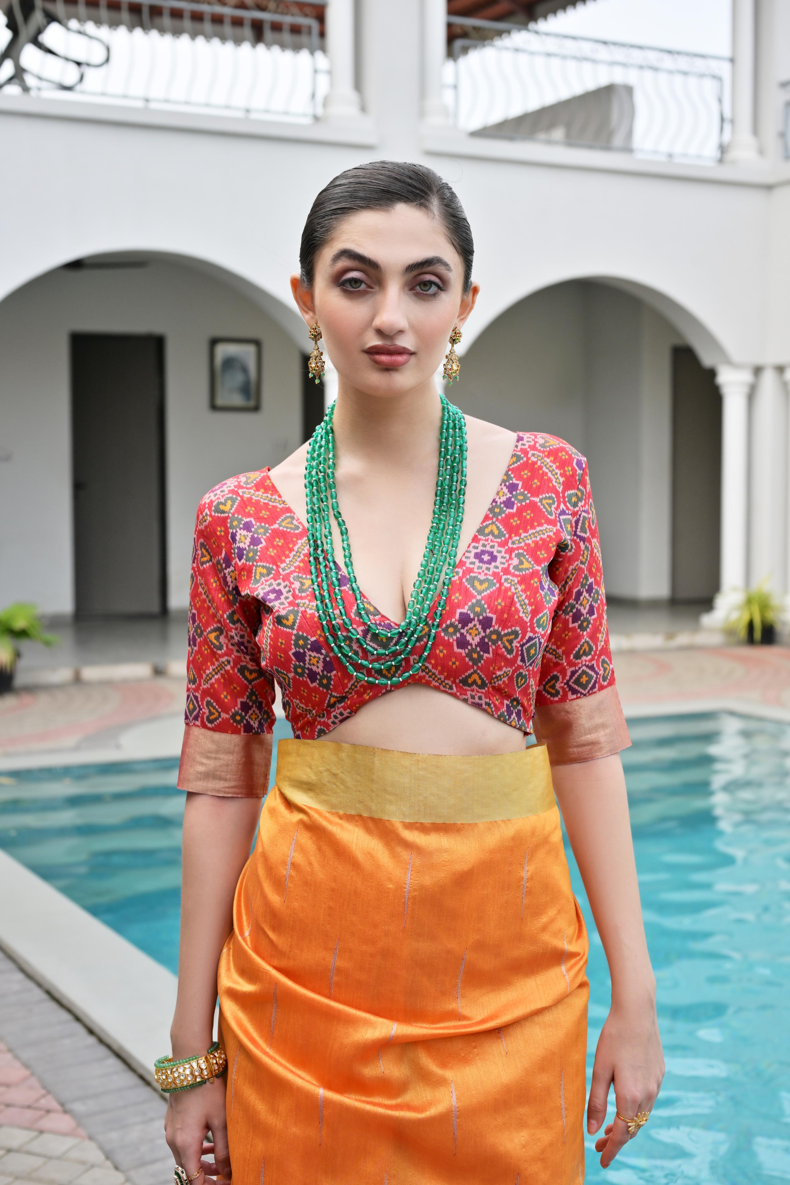 Jyoti Fashion Women's Orange Khadi Raw Silk Meena Weaving Patola Saree with Blouse