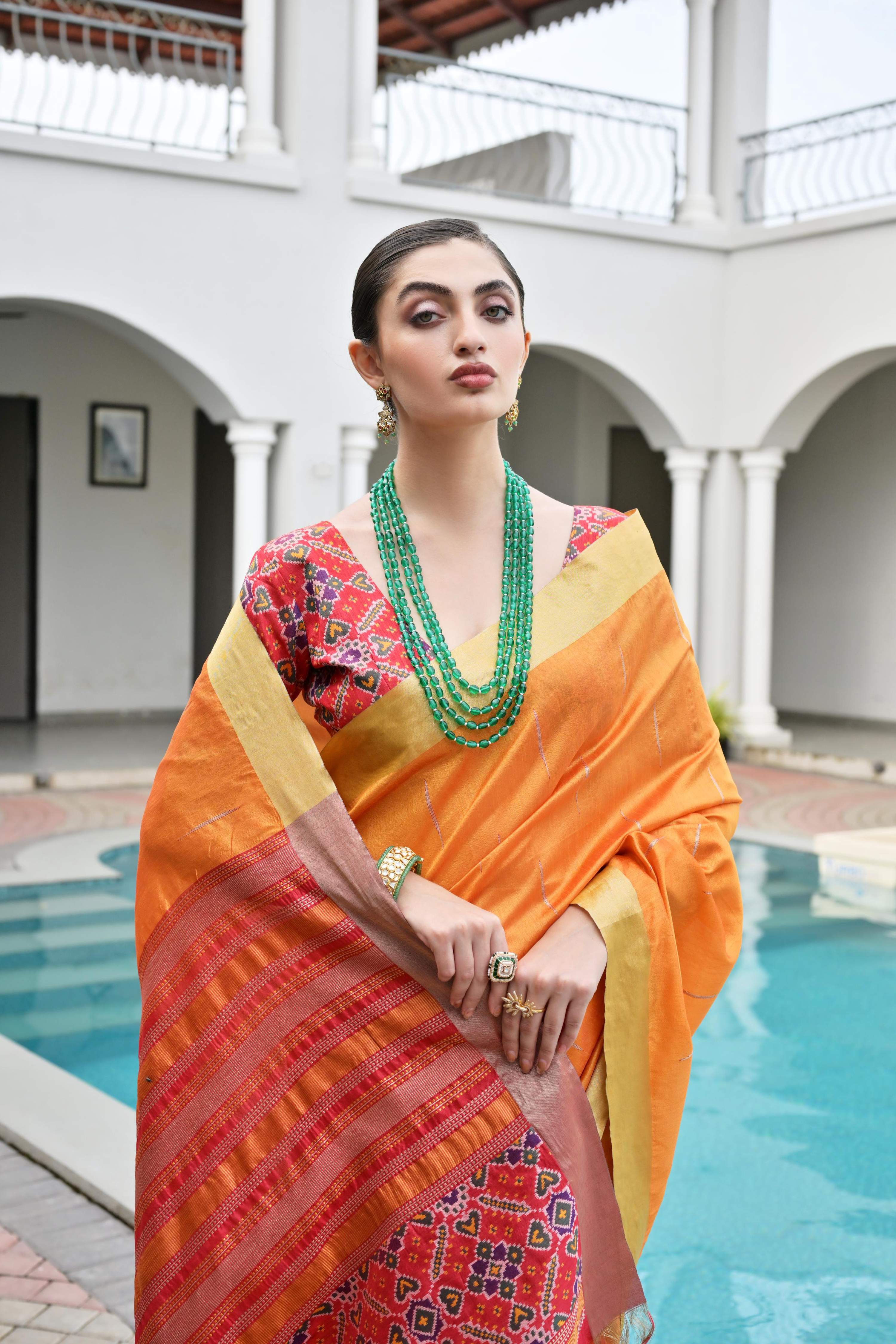 Jyoti Fashion Women's Orange Khadi Raw Silk Meena Weaving Patola Saree with Blouse