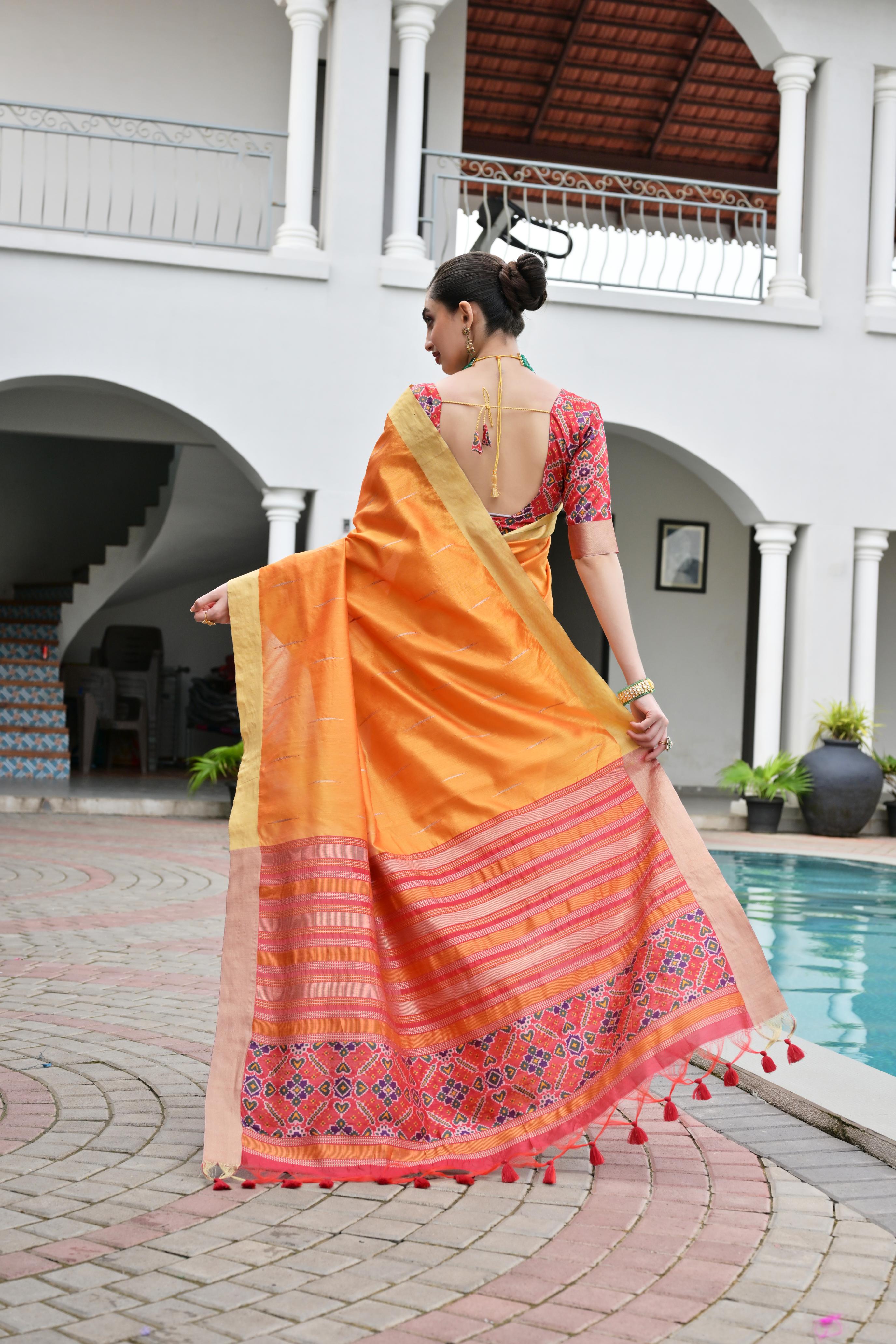 Jyoti Fashion Women's Orange Khadi Raw Silk Meena Weaving Patola Saree with Blouse