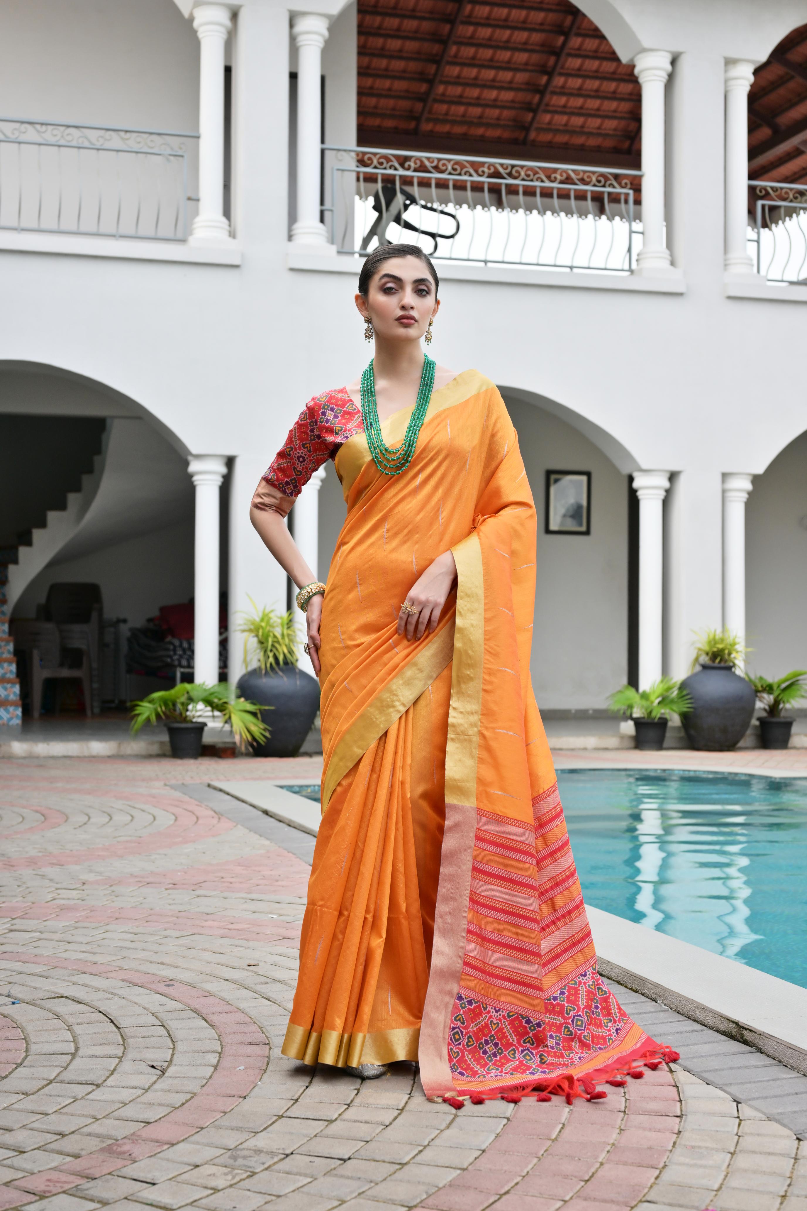 Jyoti Fashion Women's Orange Khadi Raw Silk Meena Weaving Patola Saree with Blouse