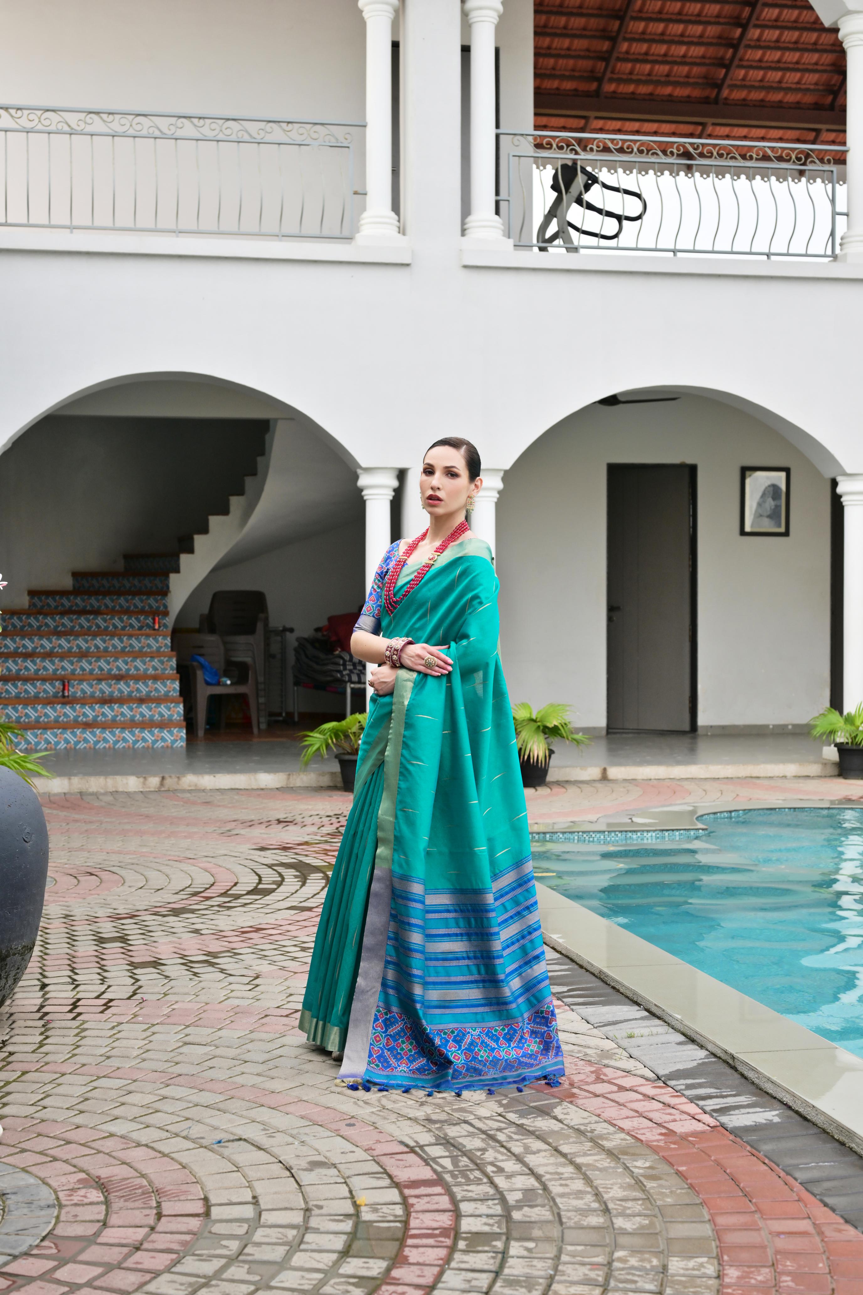 Jyoti Fashion Women's Firozi Khadi Raw Silk Meena Weaving Patola Saree with Blouse