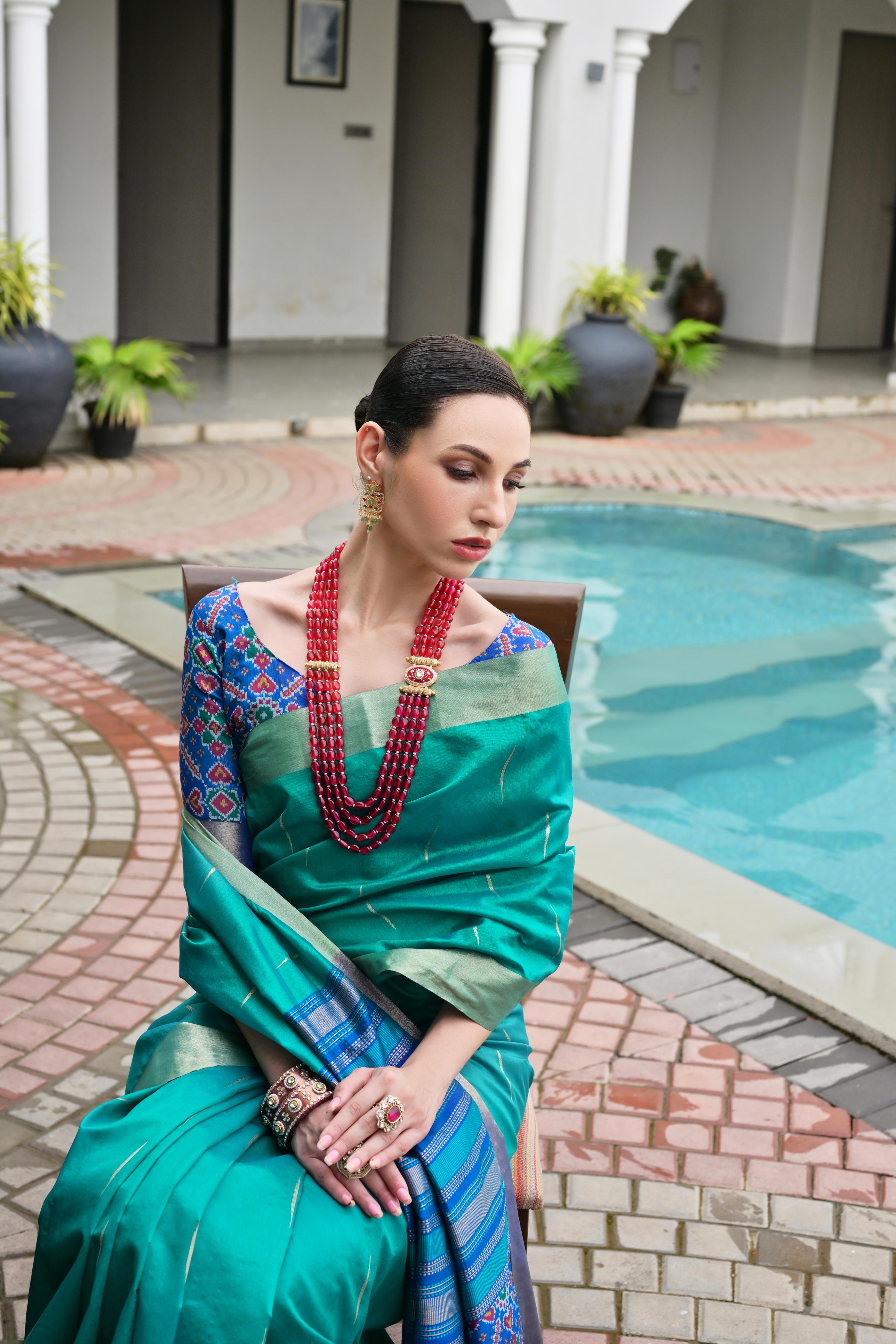 Jyoti Fashion Women's Firozi Khadi Raw Silk Meena Weaving Patola Saree with Blouse