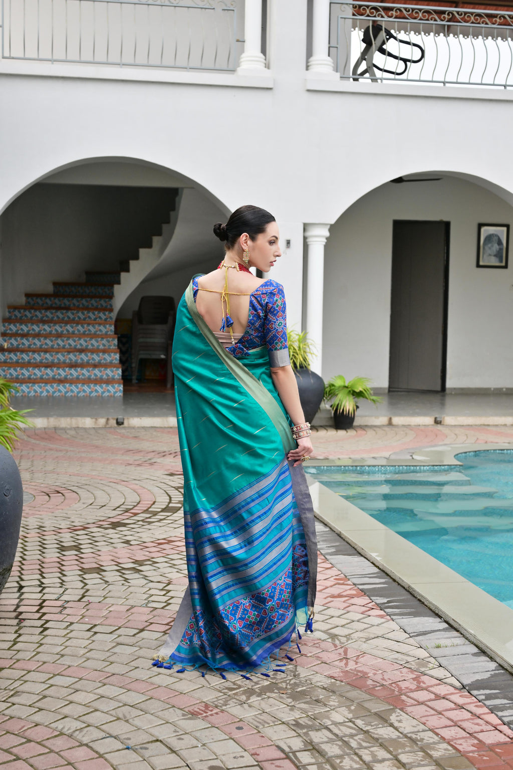 Jyoti Fashion Women's Firozi Khadi Raw Silk Meena Weaving Patola Saree with Blouse