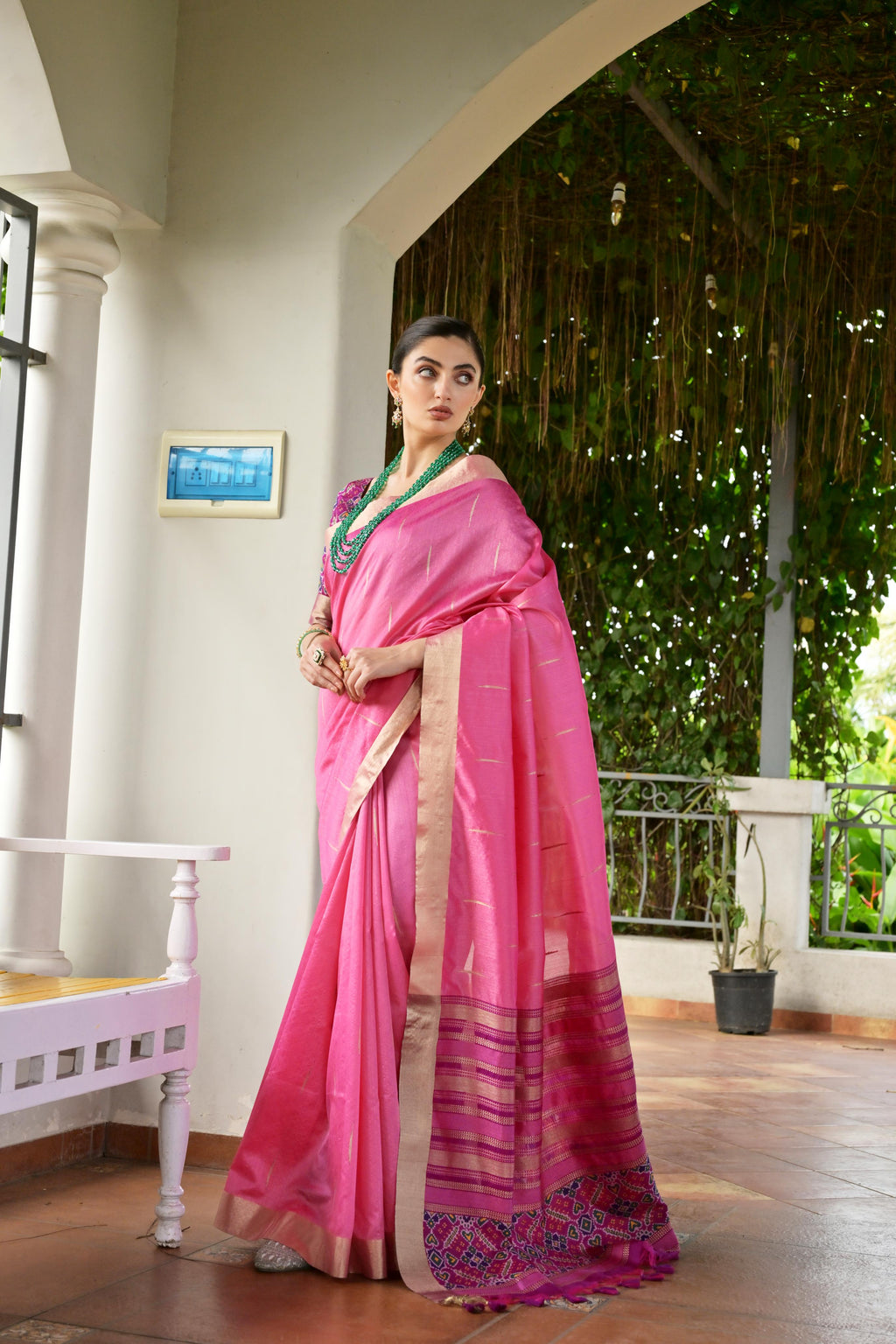 Jyoti Fashion Women's Pink Khadi Raw Silk Meena Weaving Patola Saree with Blouse