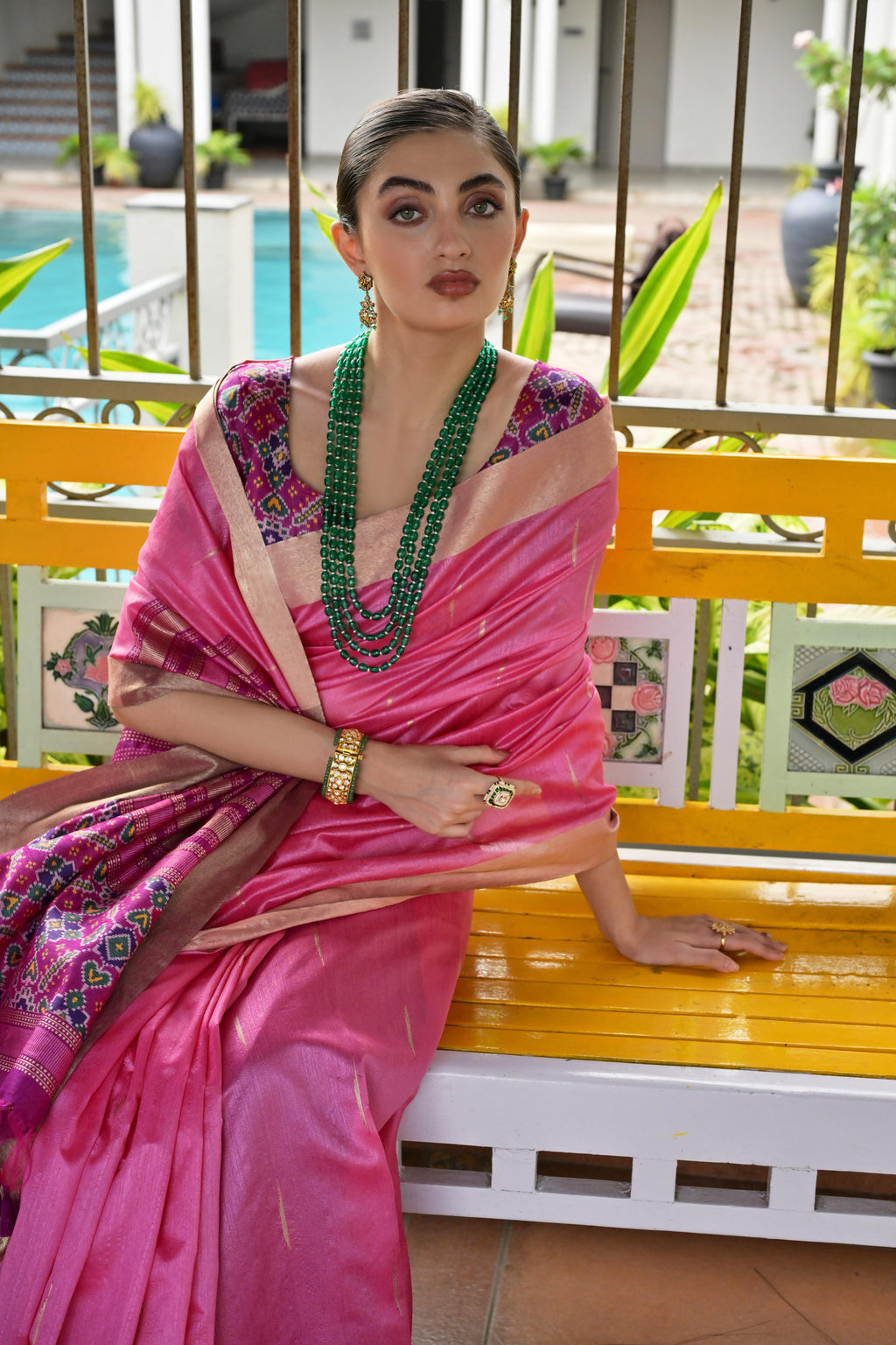 Jyoti Fashion Women's Pink Khadi Raw Silk Meena Weaving Patola Saree with Blouse