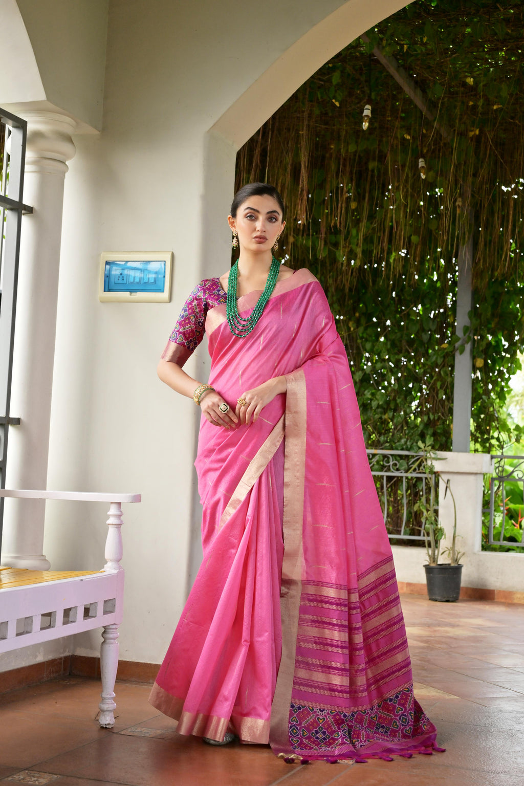 Jyoti Fashion Women's Pink Khadi Raw Silk Meena Weaving Patola Saree with Blouse