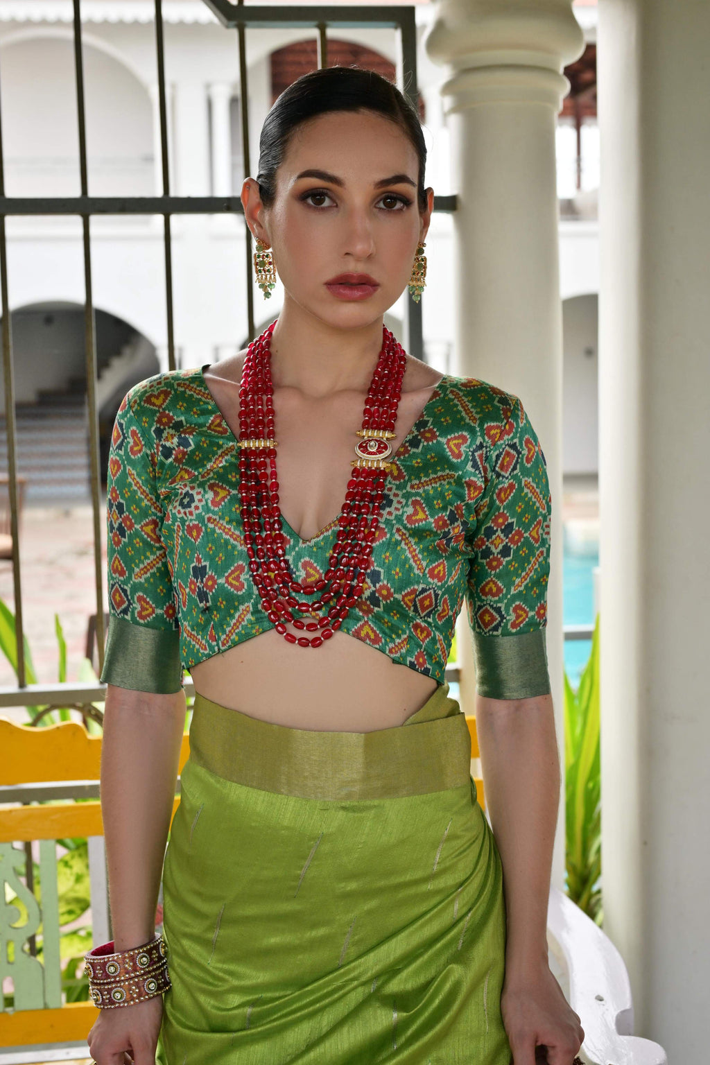 Jyoti Fashion Women's Green Khadi Raw Silk Meena Weaving Patola Saree with Blouse