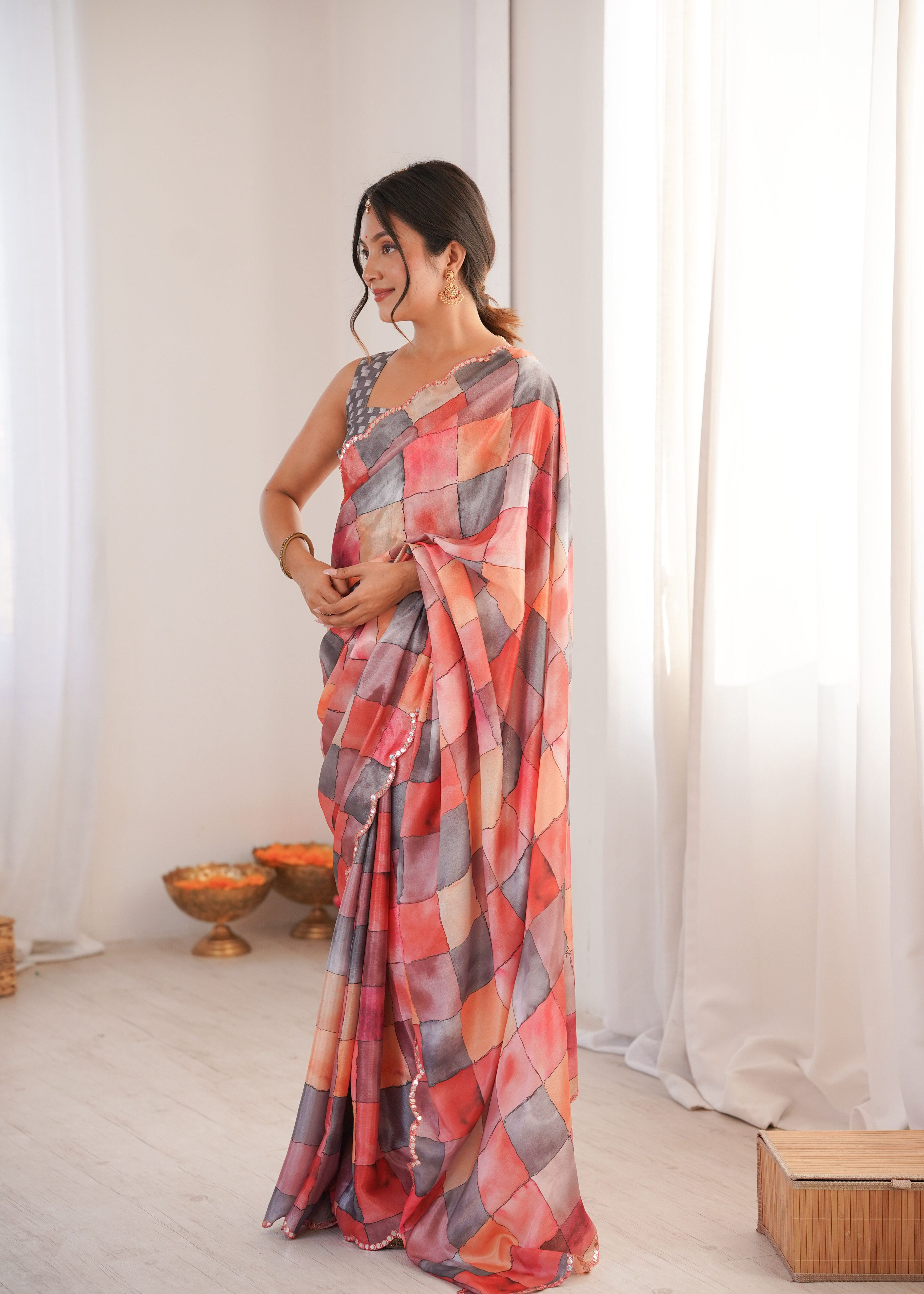Jyoti Fashion Women's Multicolor Chinon Digital Printed Designer Saree with Blouse