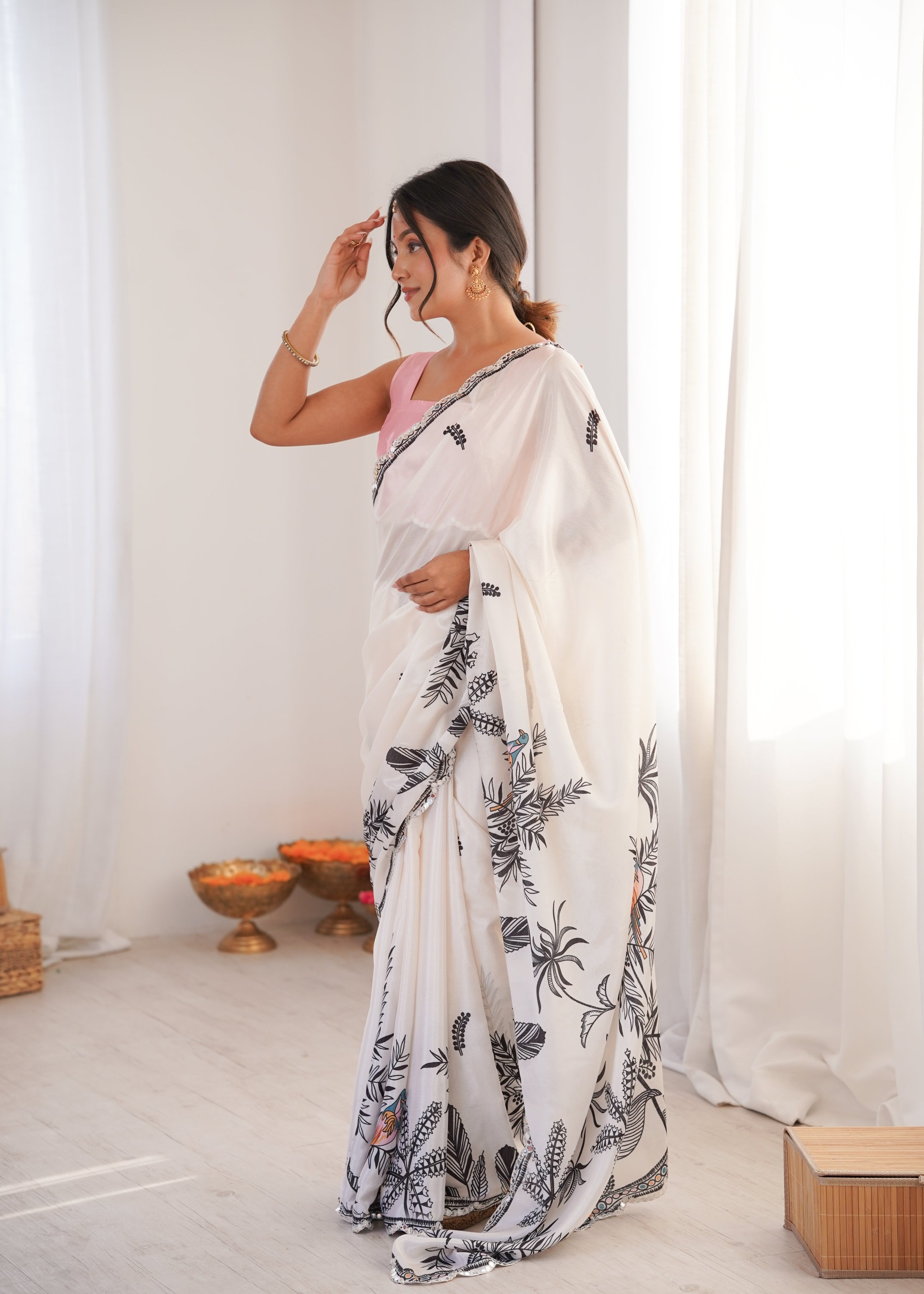 Jyoti Fashion Women's White Chinon Digital Printed Designer Saree with Blouse