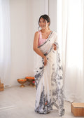 Jyoti Fashion Women's White Chinon Digital Printed Designer Saree with Blouse