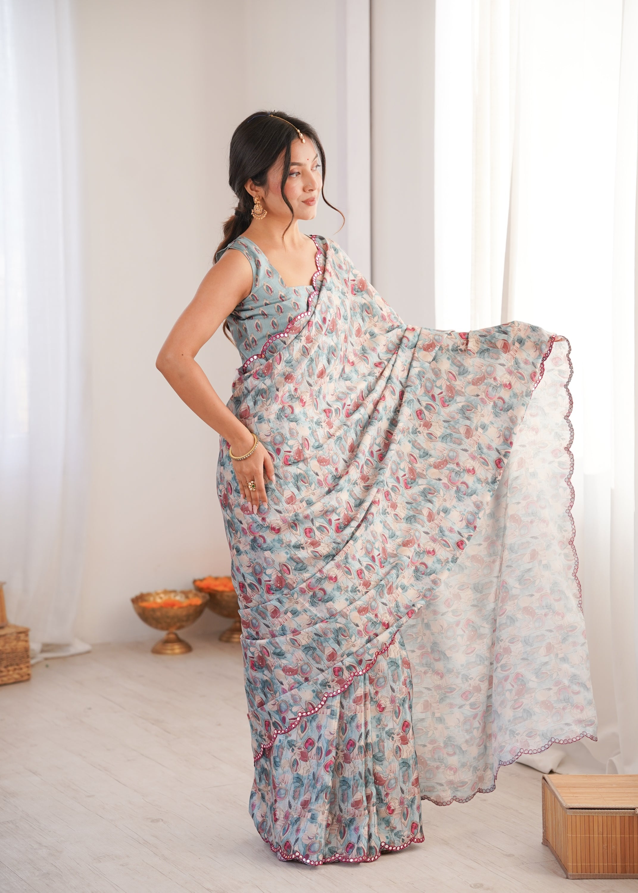 Jyoti Fashion Women's Grey Chinon Digital Printed Designer Saree with Blouse