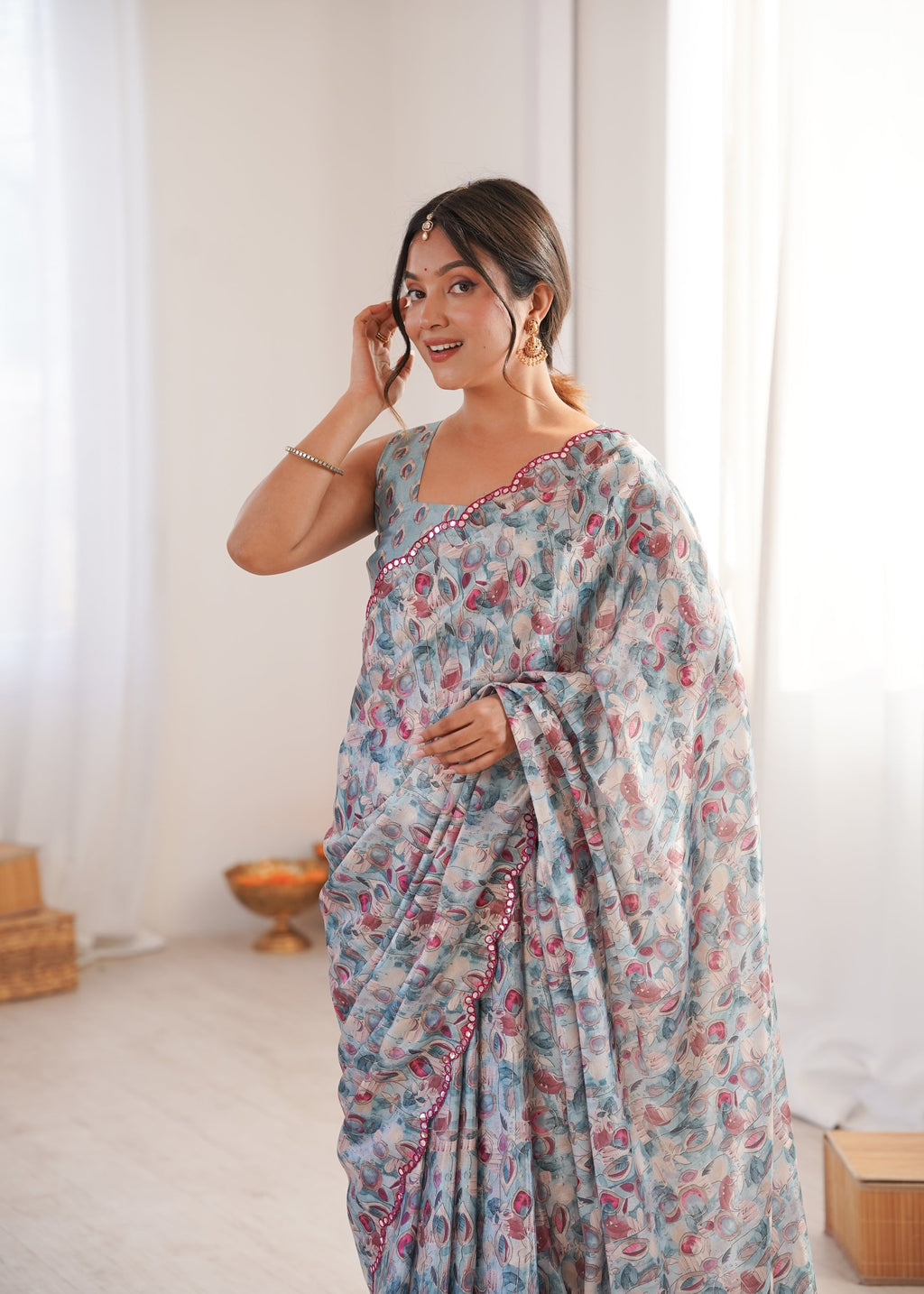 Jyoti Fashion Women's Grey Chinon Digital Printed Designer Saree with Blouse