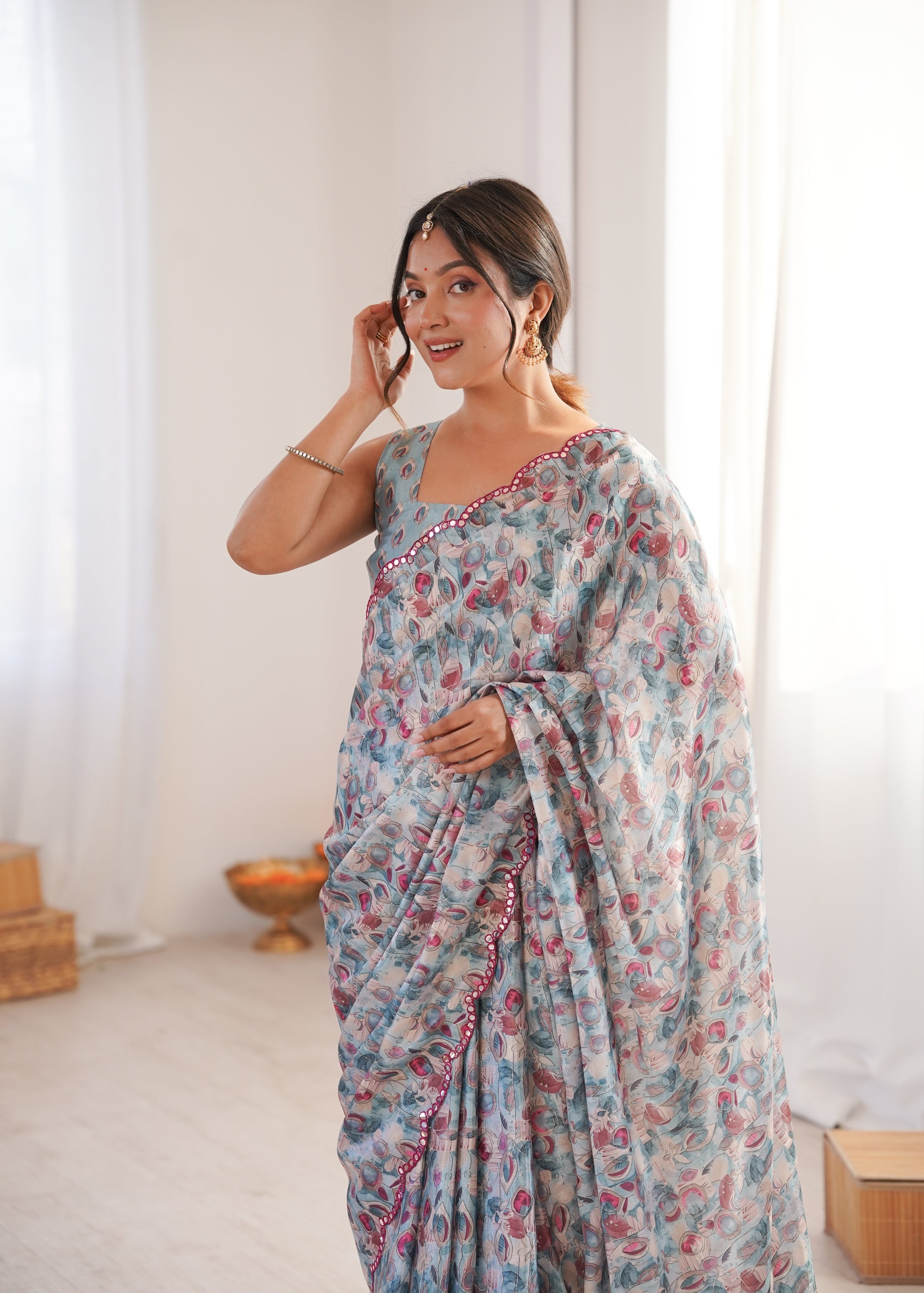 Jyoti Fashion Women's Grey Chinon Digital Printed Designer Saree with Blouse