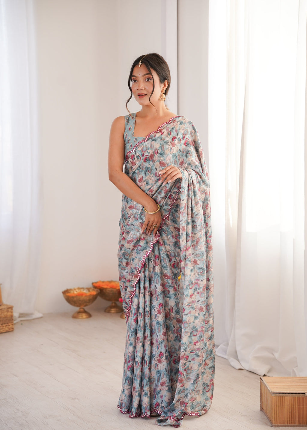 Jyoti Fashion Women's Grey Chinon Digital Printed Designer Saree with Blouse