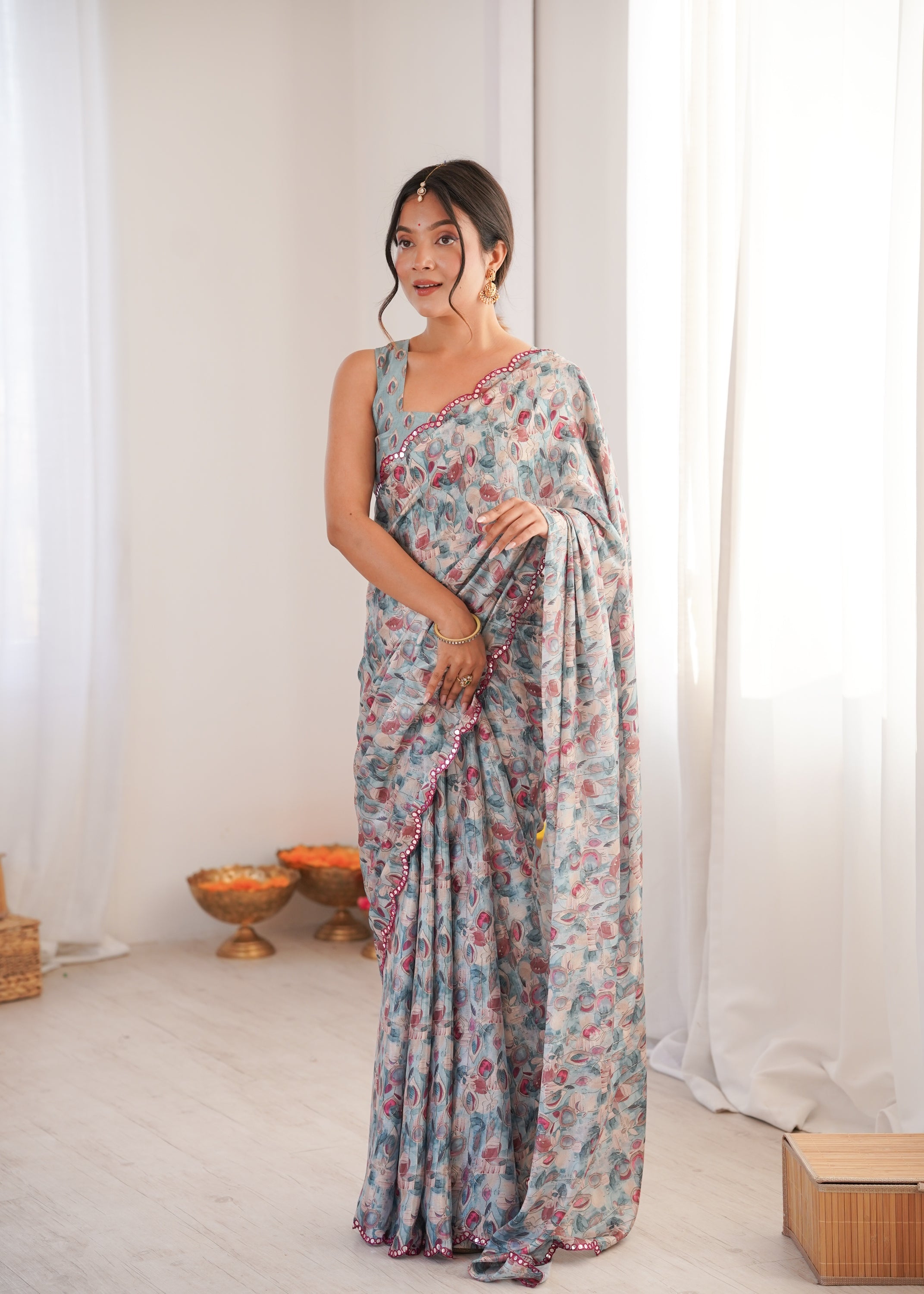 Jyoti Fashion Women's Grey Chinon Digital Printed Designer Saree with Blouse