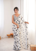Jyoti Fashion Women's Off White Chinon Digital Printed Designer Saree with Blouse