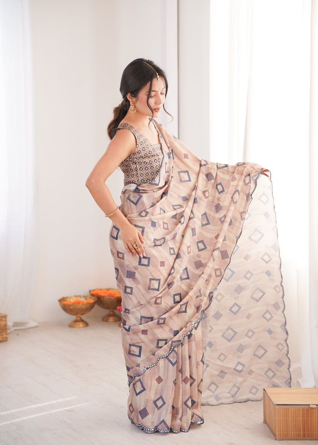 Jyoti Fashion Women's Beige Chinon Digital Printed Designer Saree with Blouse