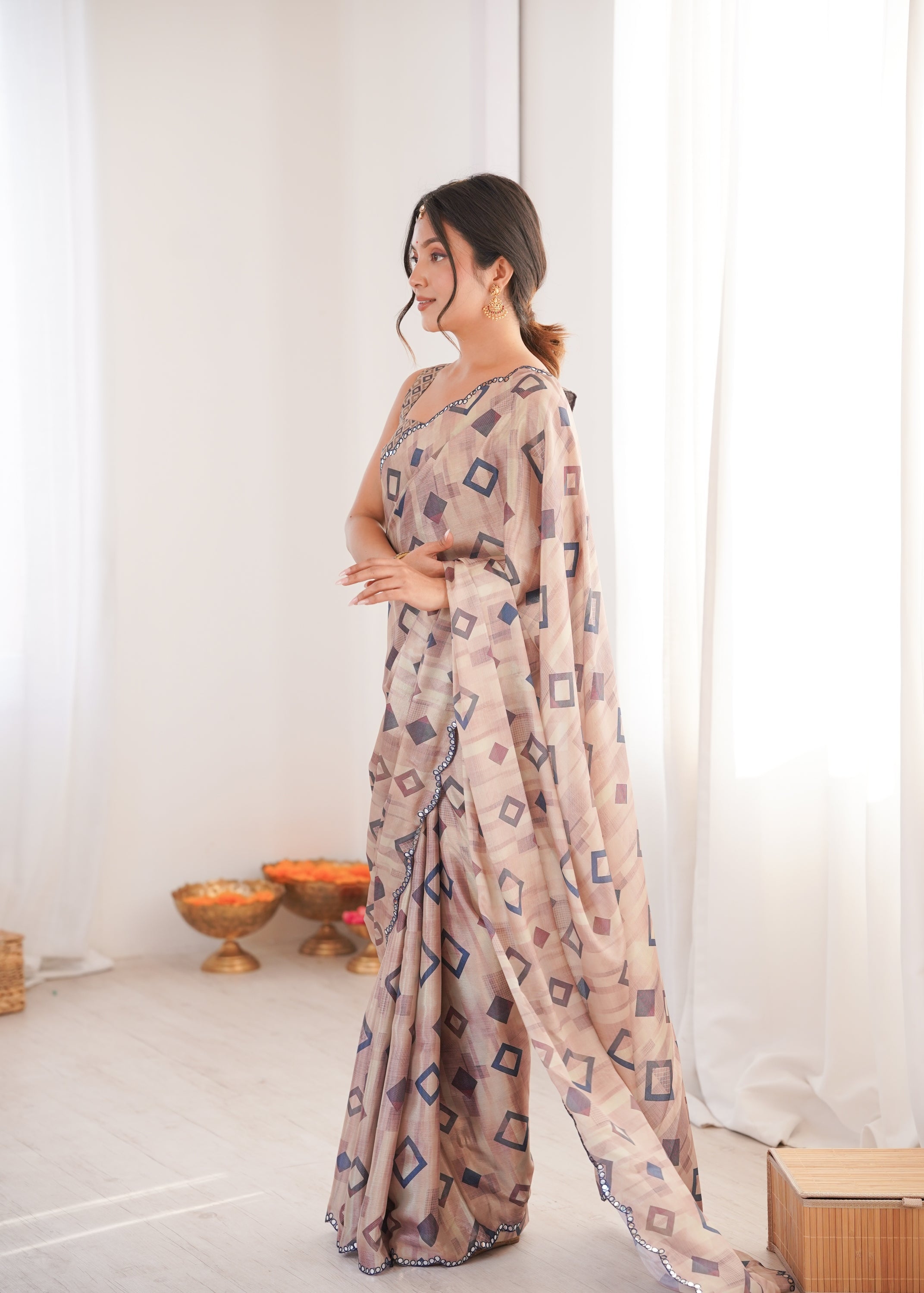 Jyoti Fashion Women's Beige Chinon Digital Printed Designer Saree with Blouse