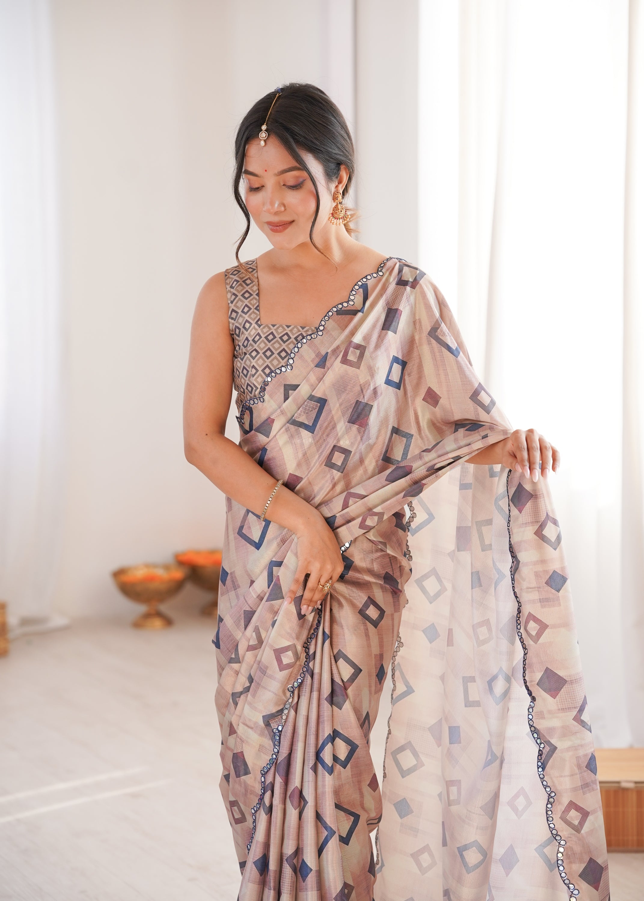 Jyoti Fashion Women's Beige Chinon Digital Printed Designer Saree with Blouse