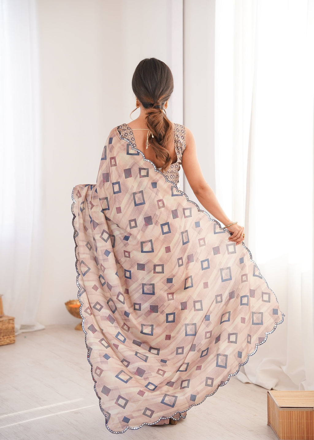 Jyoti Fashion Women's Beige Chinon Digital Printed Designer Saree with Blouse